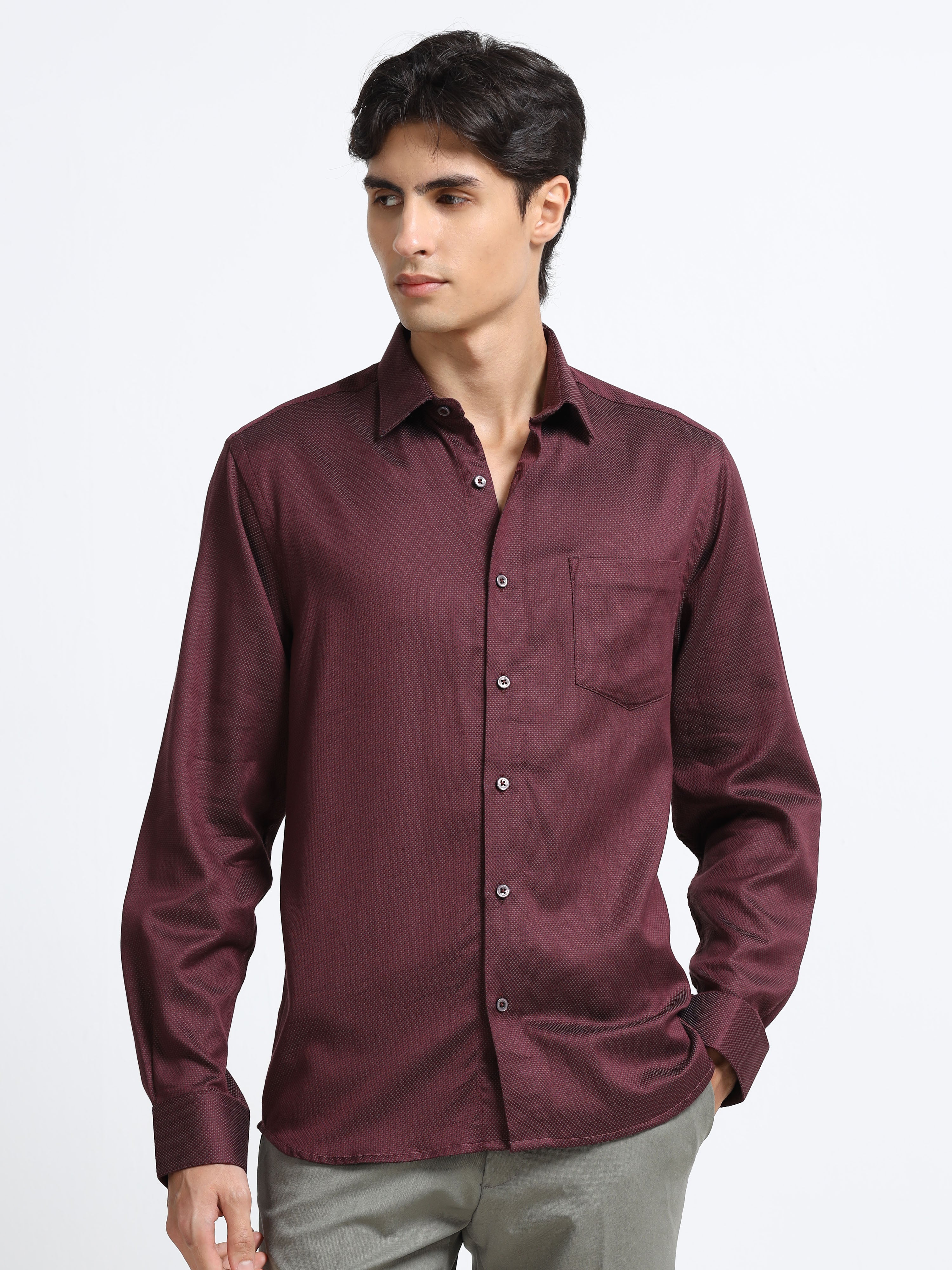 Men - Maroon - Slim Fit - Textured Formal Shirt