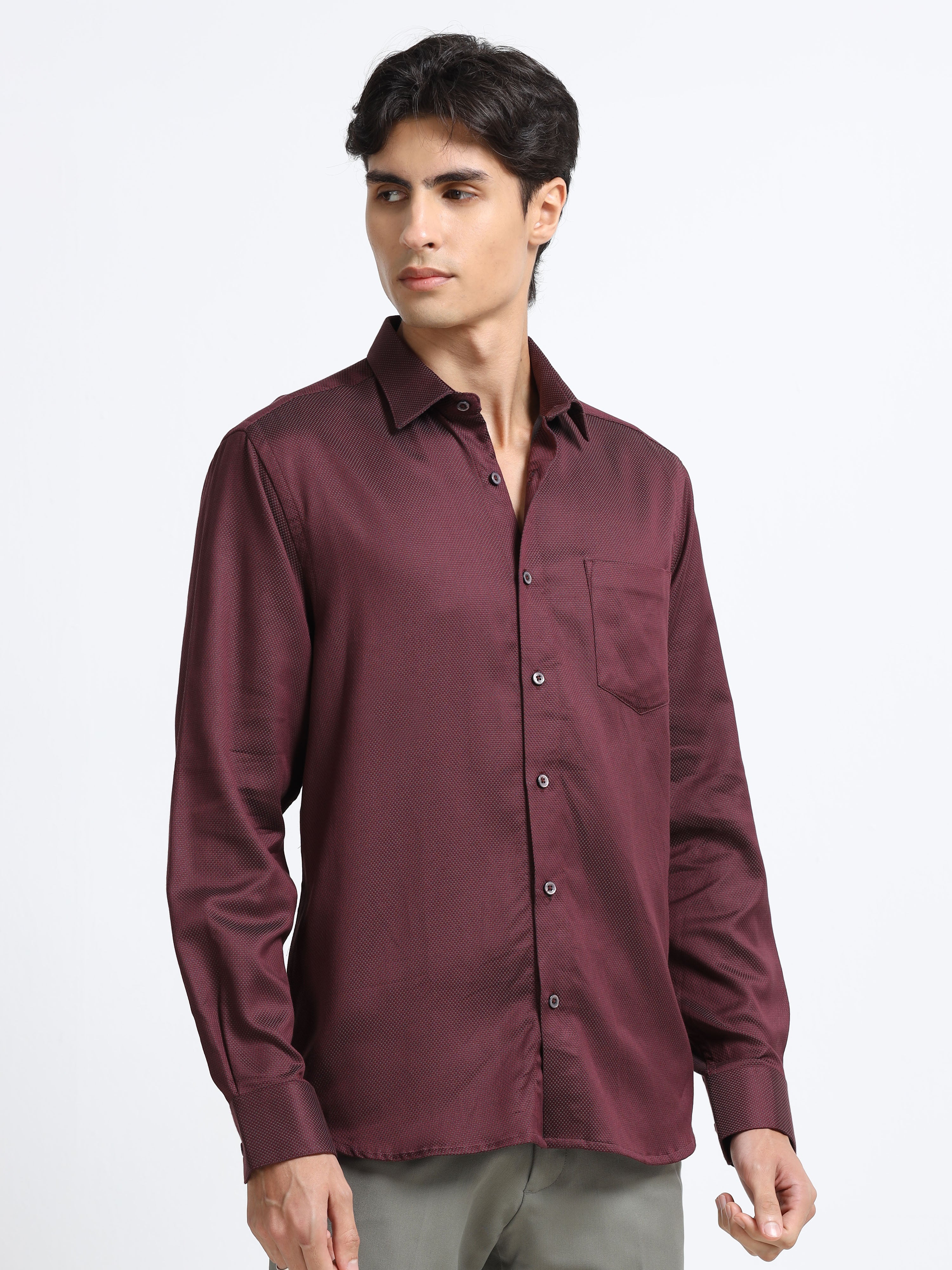 Men - Maroon - Slim Fit - Textured Formal Shirt