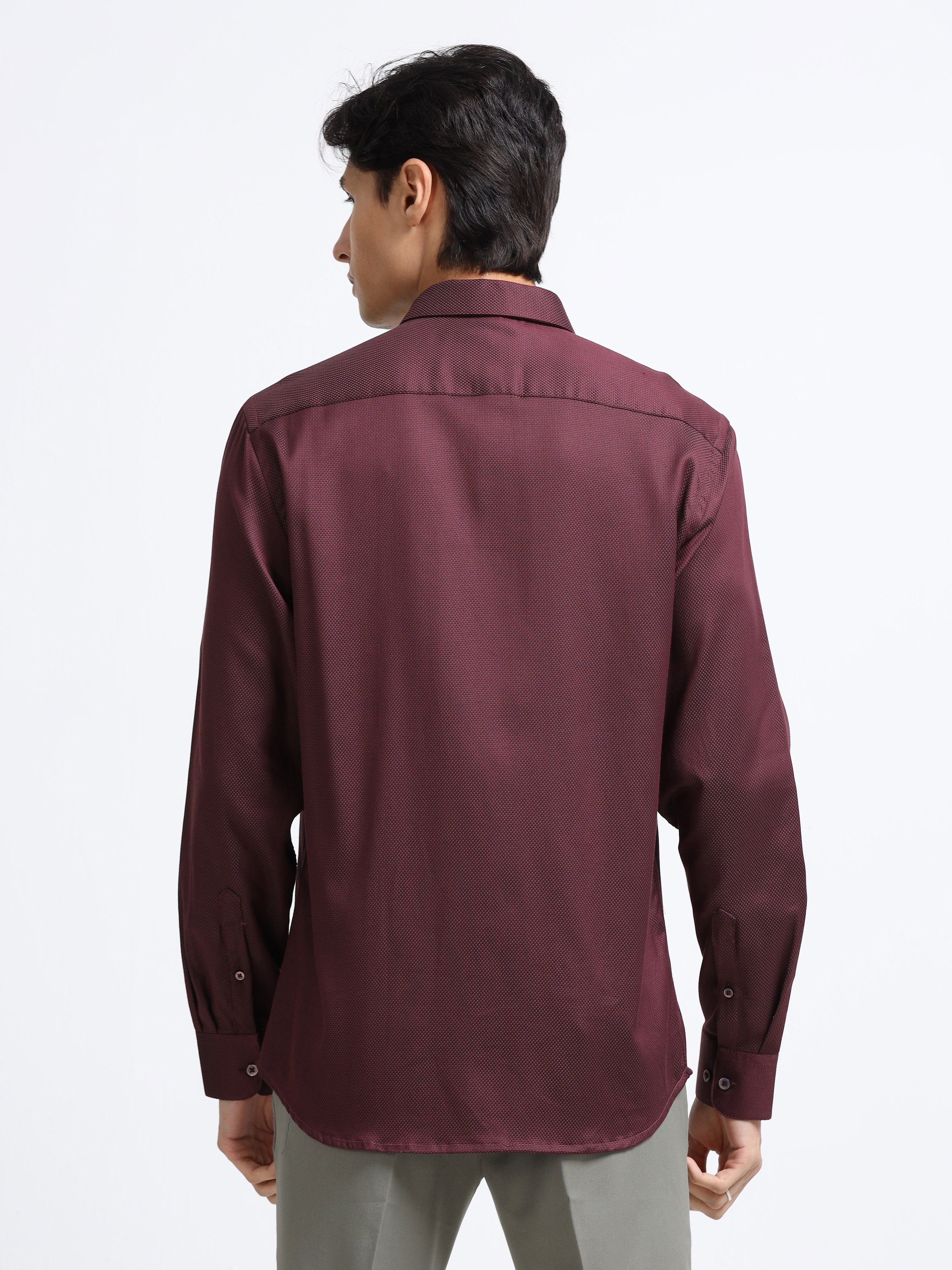 Men - Maroon - Slim Fit - Textured Formal Shirt