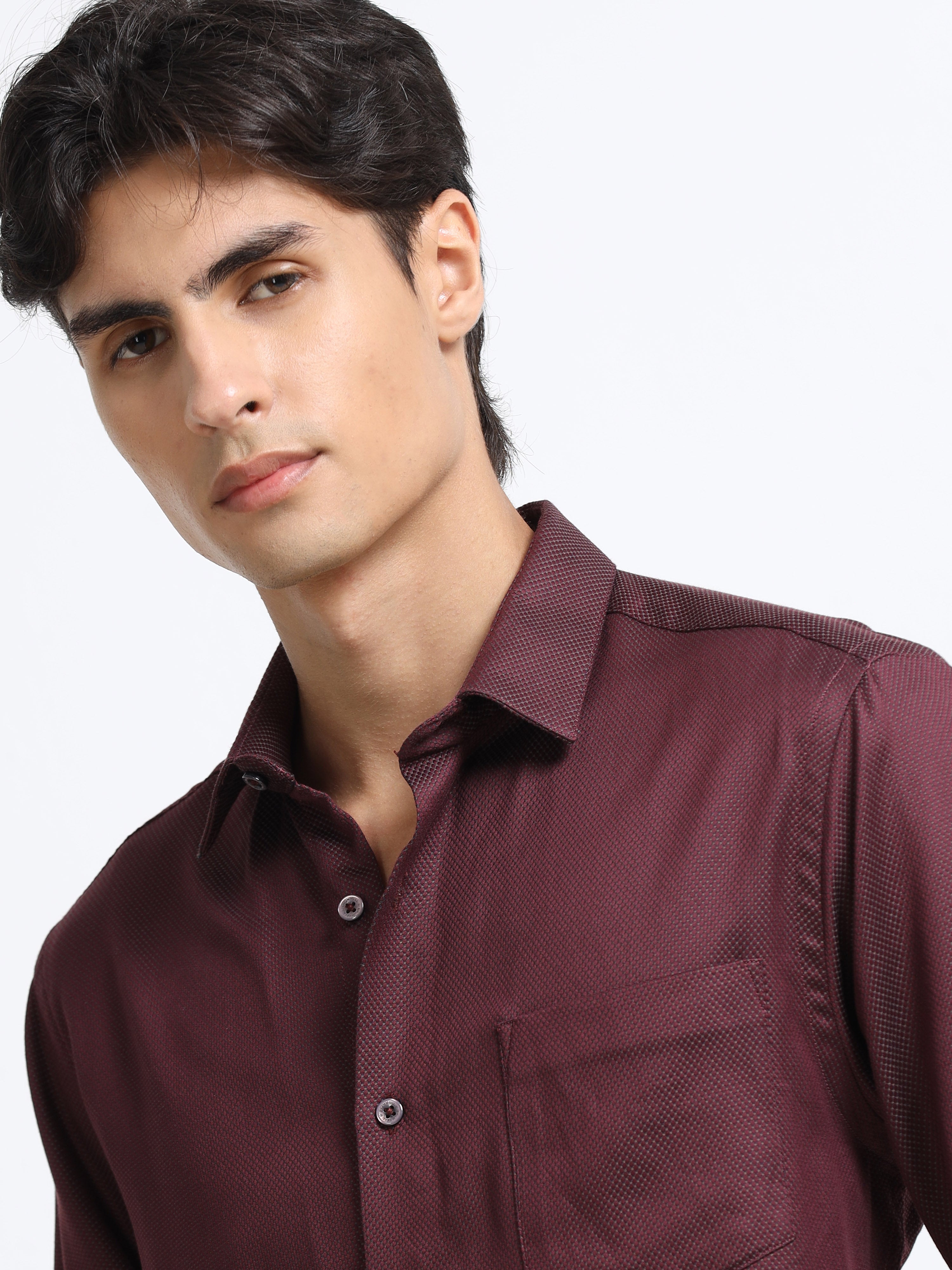 Men - Maroon - Slim Fit - Textured Formal Shirt