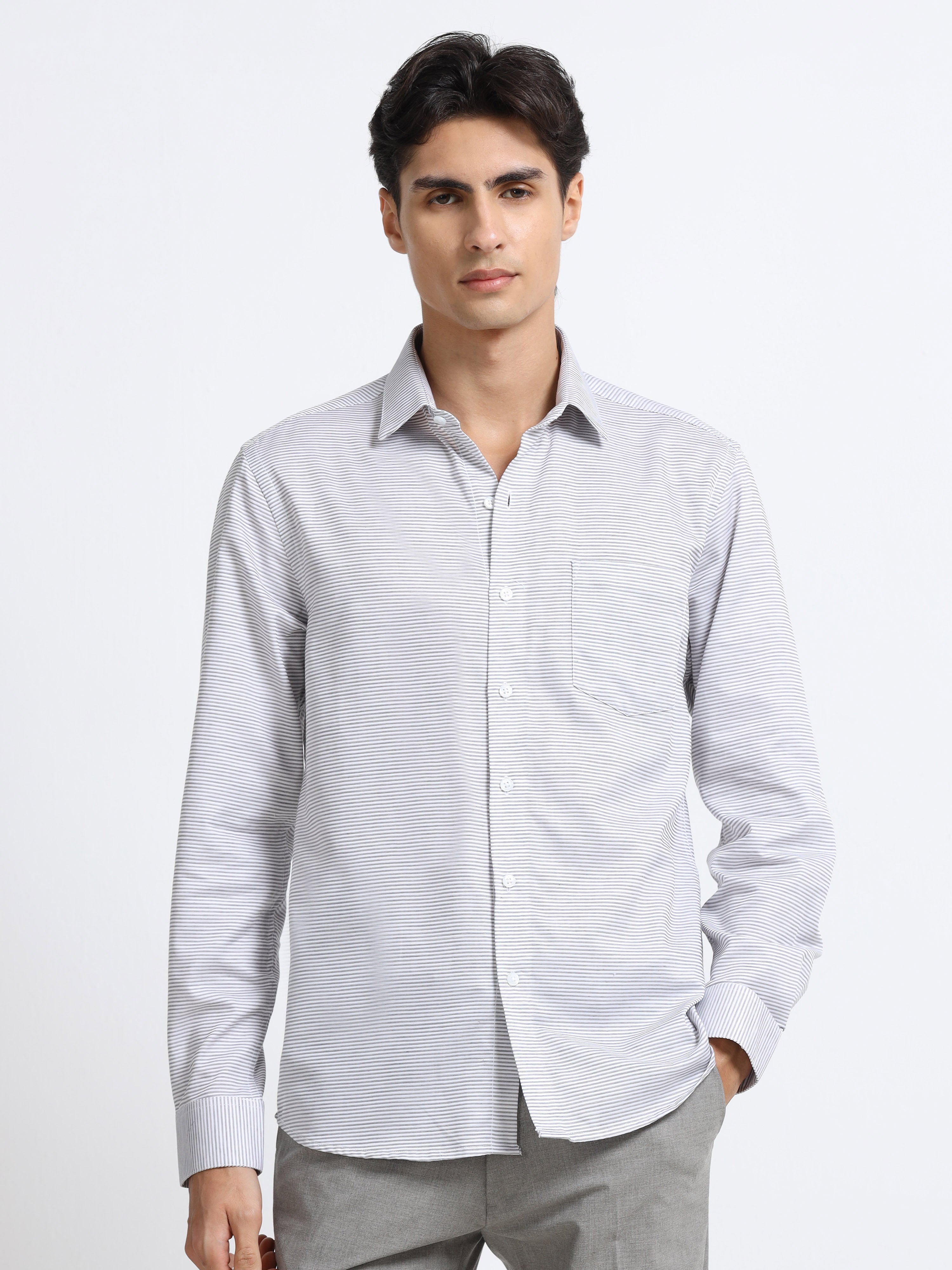 Men - Gray - Slim Fit - Textured Formal Shirt