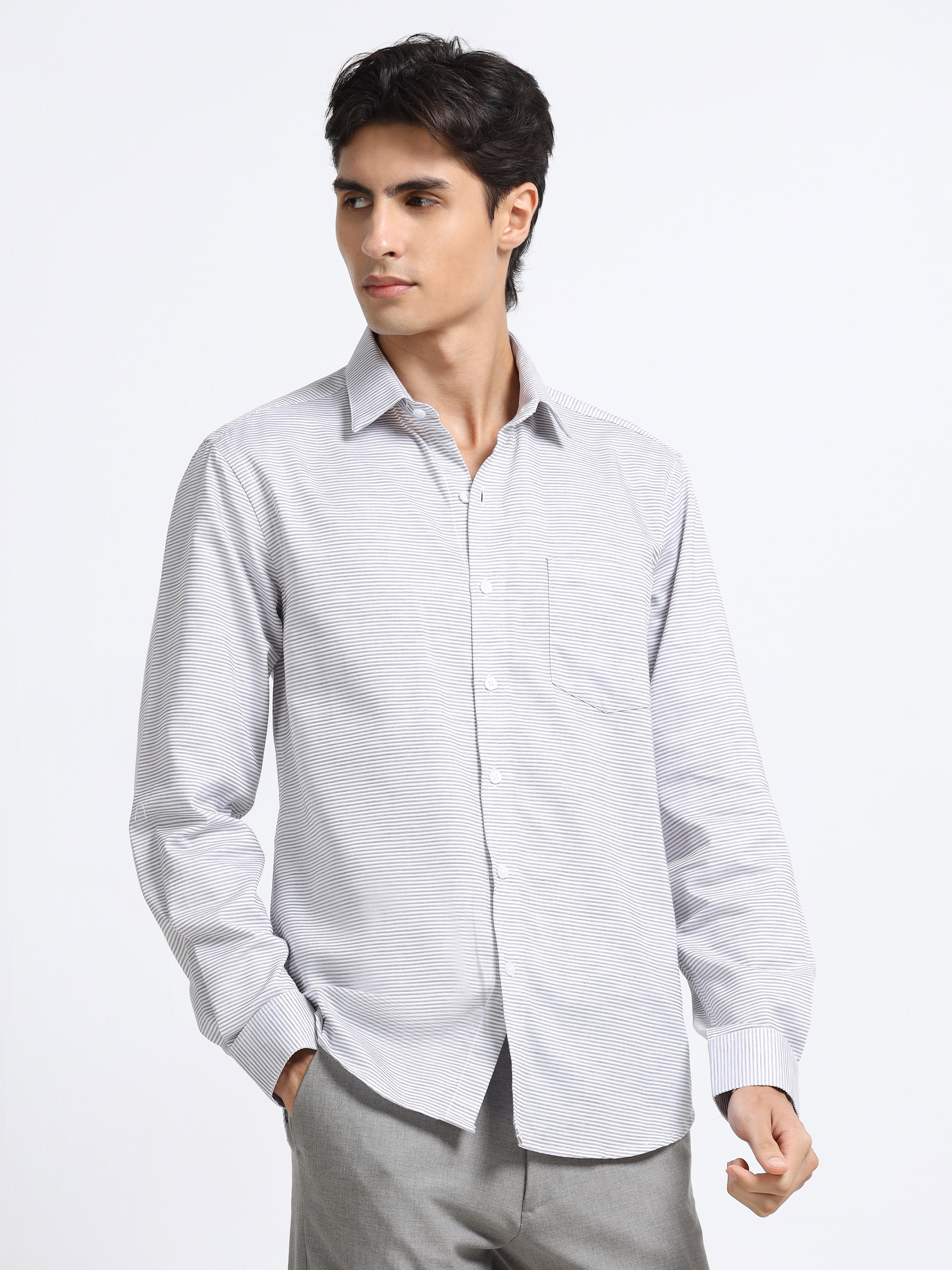 Men - Gray - Slim Fit - Textured Formal Shirt