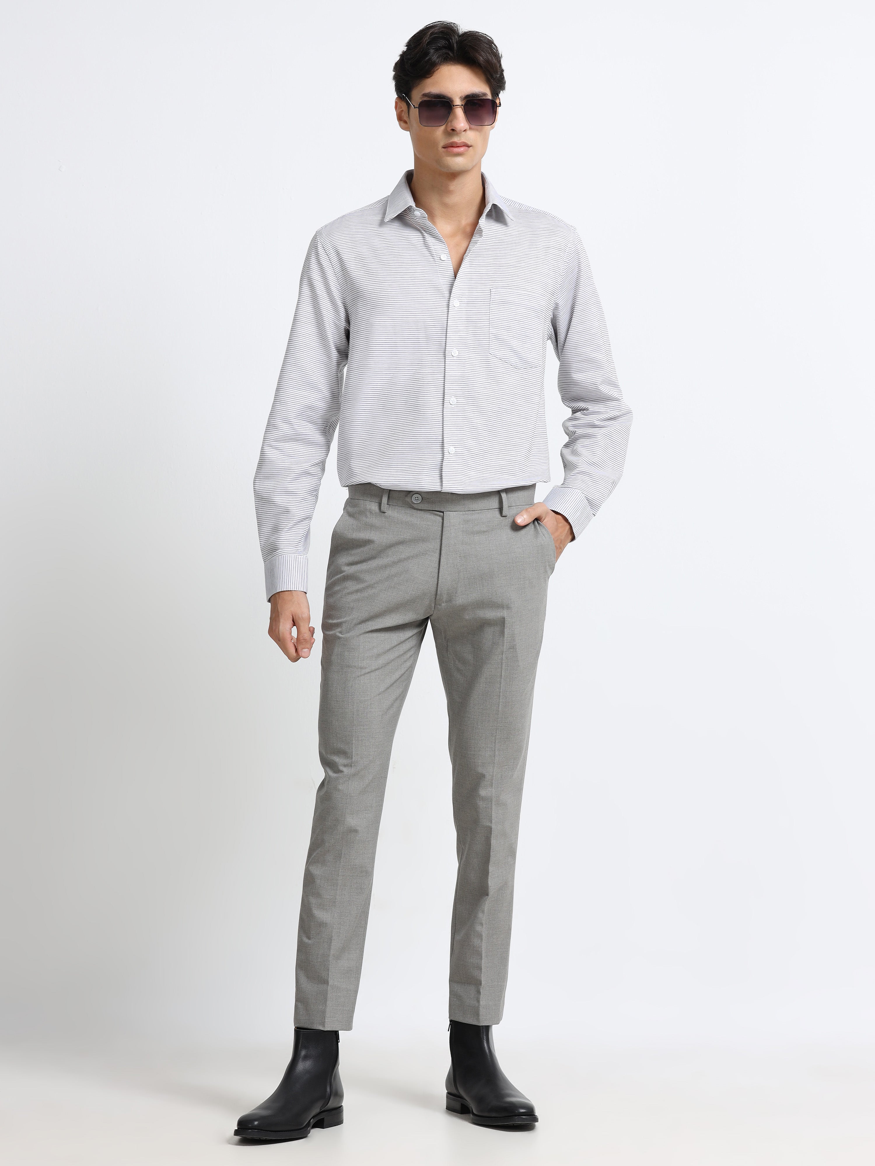 Men - Gray - Slim Fit - Textured Formal Shirt