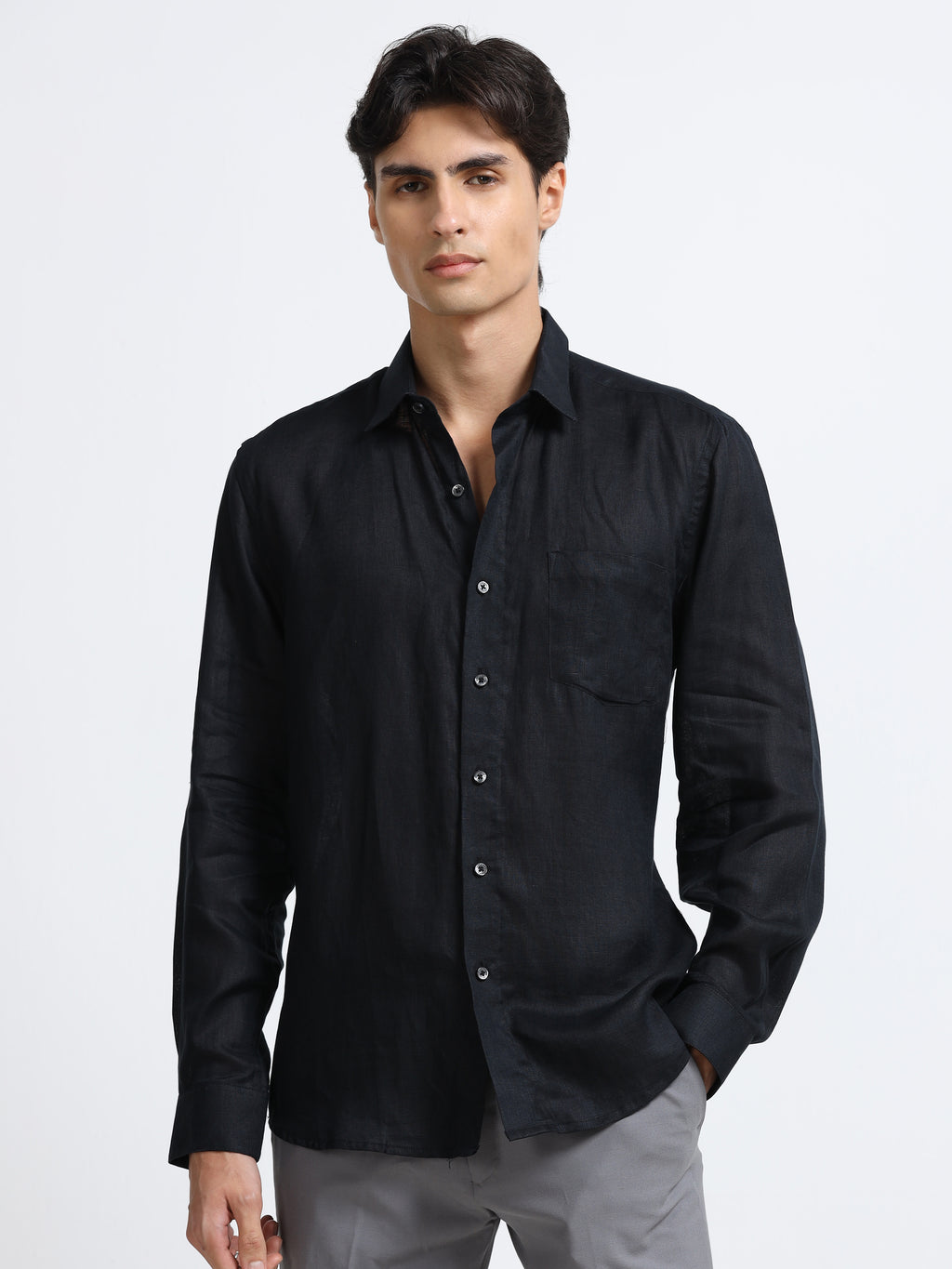 Men - Black - Slim Fit - Refined Plain Casual Shirt