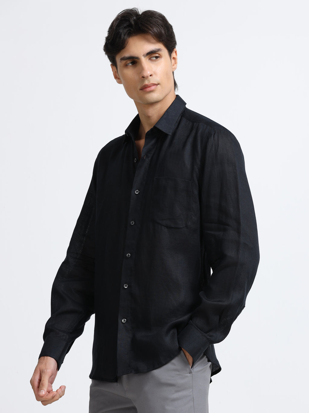 Men - Black - Slim Fit - Refined Plain Casual Shirt