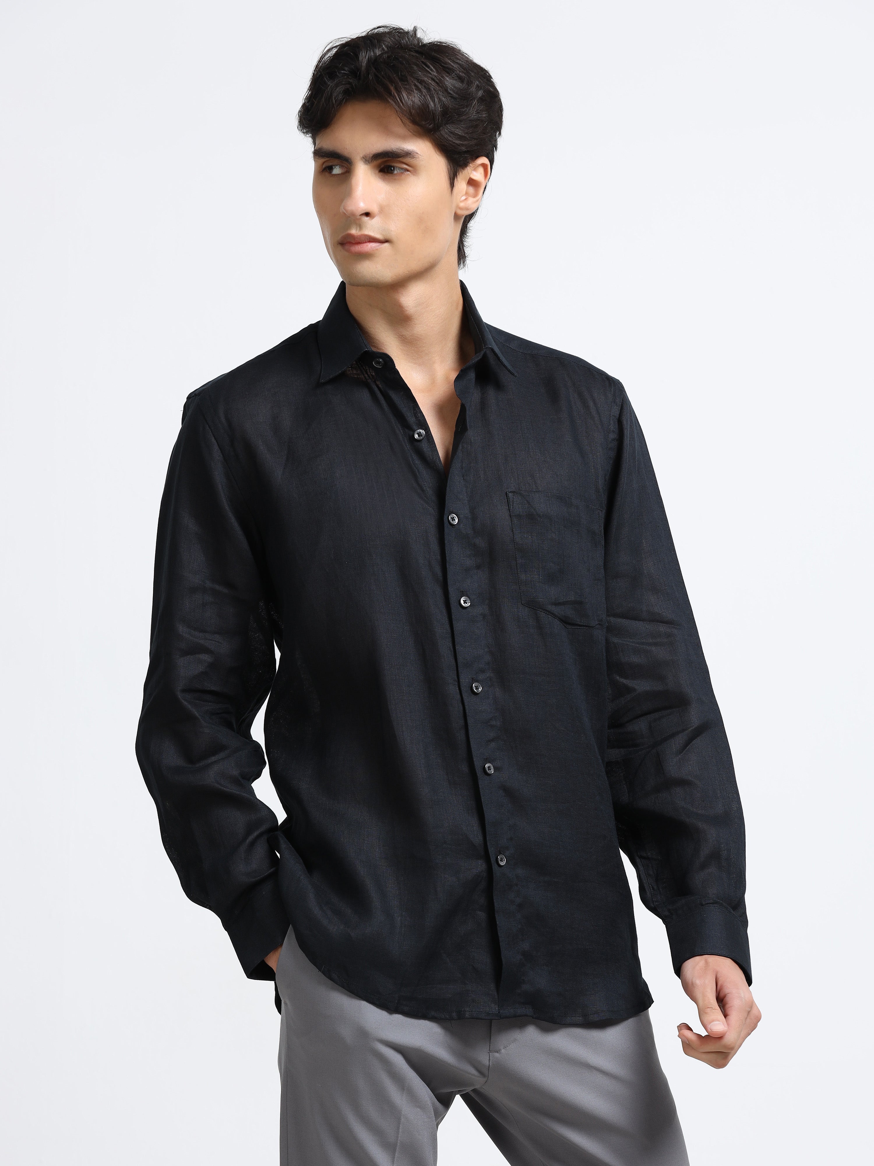 Men - Black - Slim Fit - Refined Plain Casual Shirt
