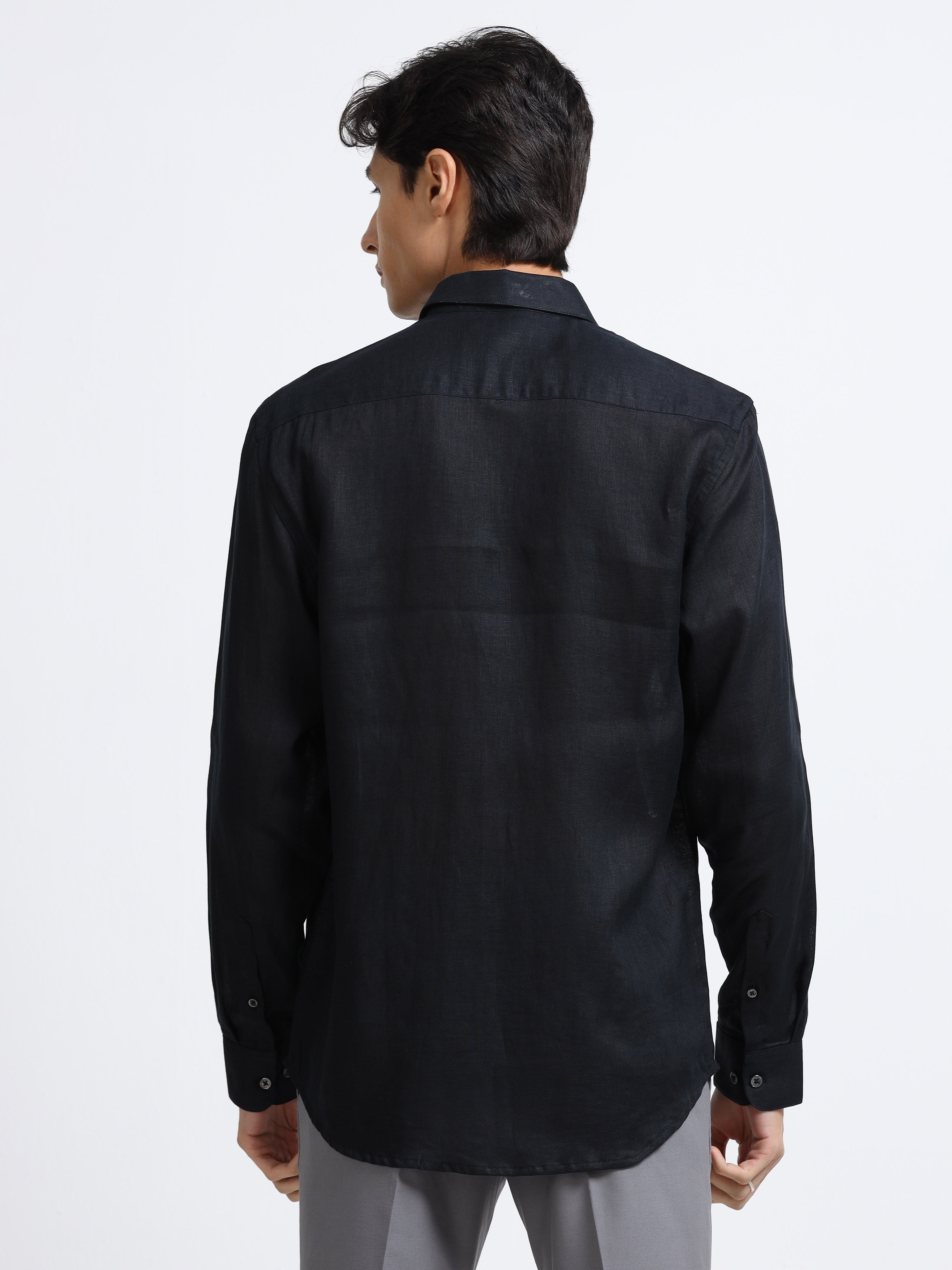 Men - Black - Slim Fit - Refined Plain Casual Shirt