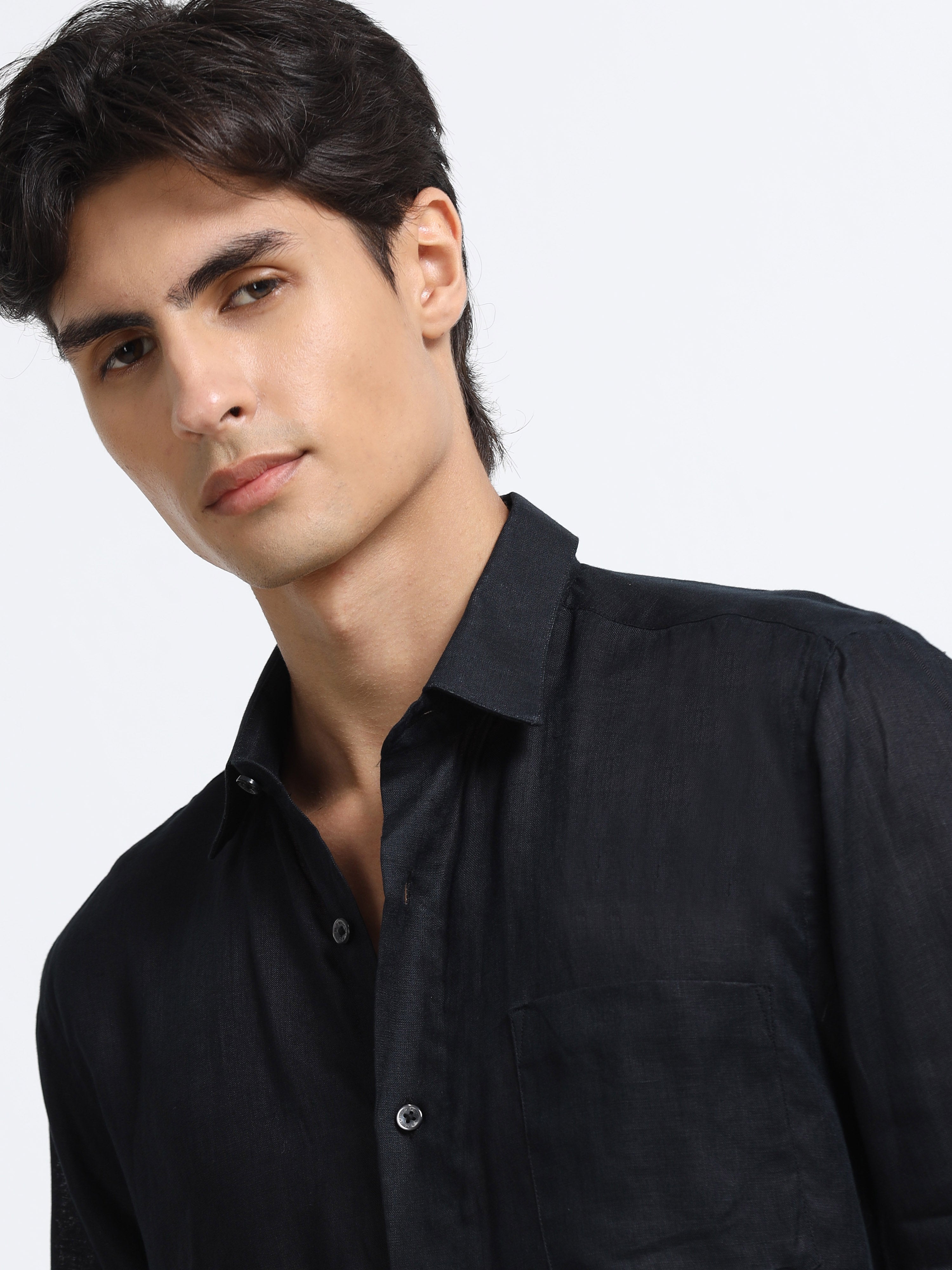 Men - Black - Slim Fit - Refined Plain Casual Shirt
