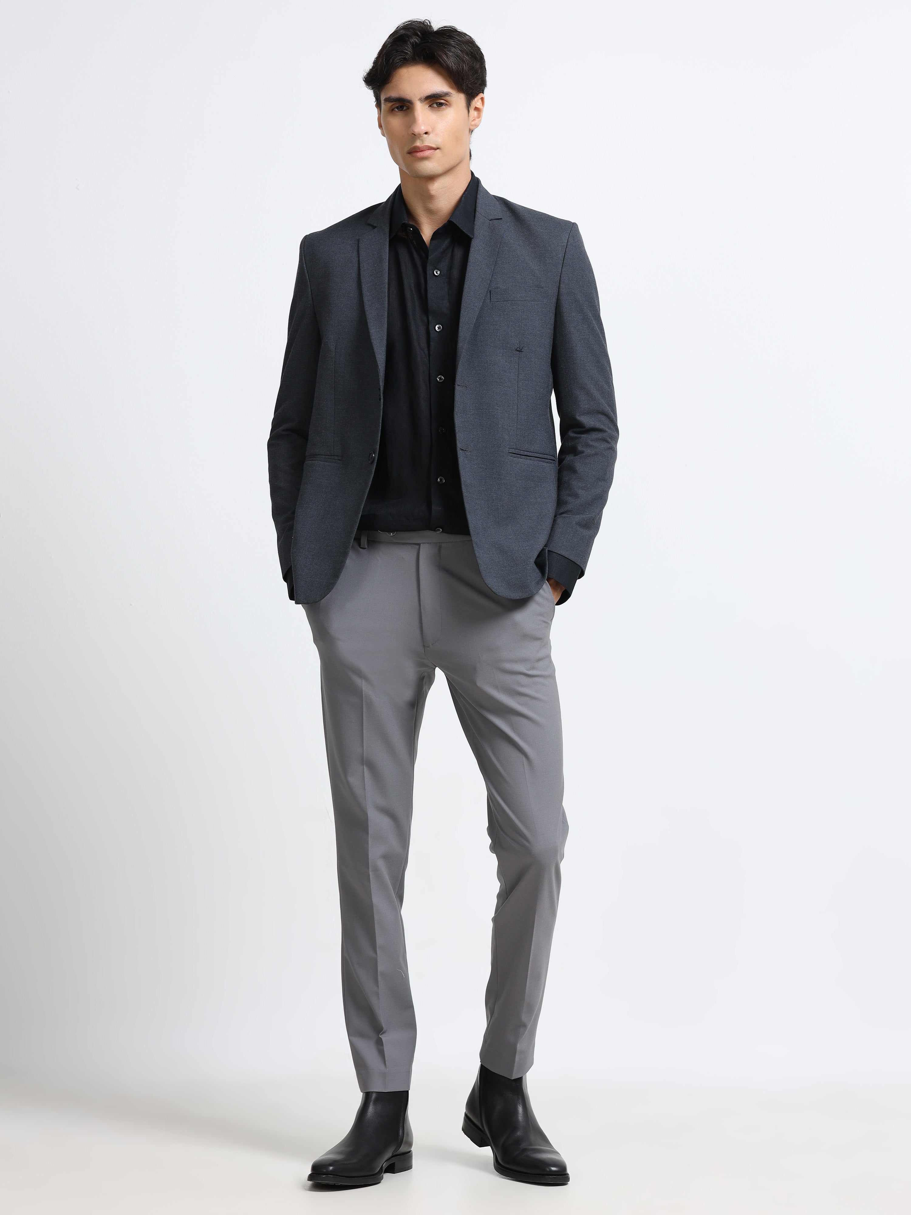 Men - Black - Slim Fit - Refined Plain Casual Shirt