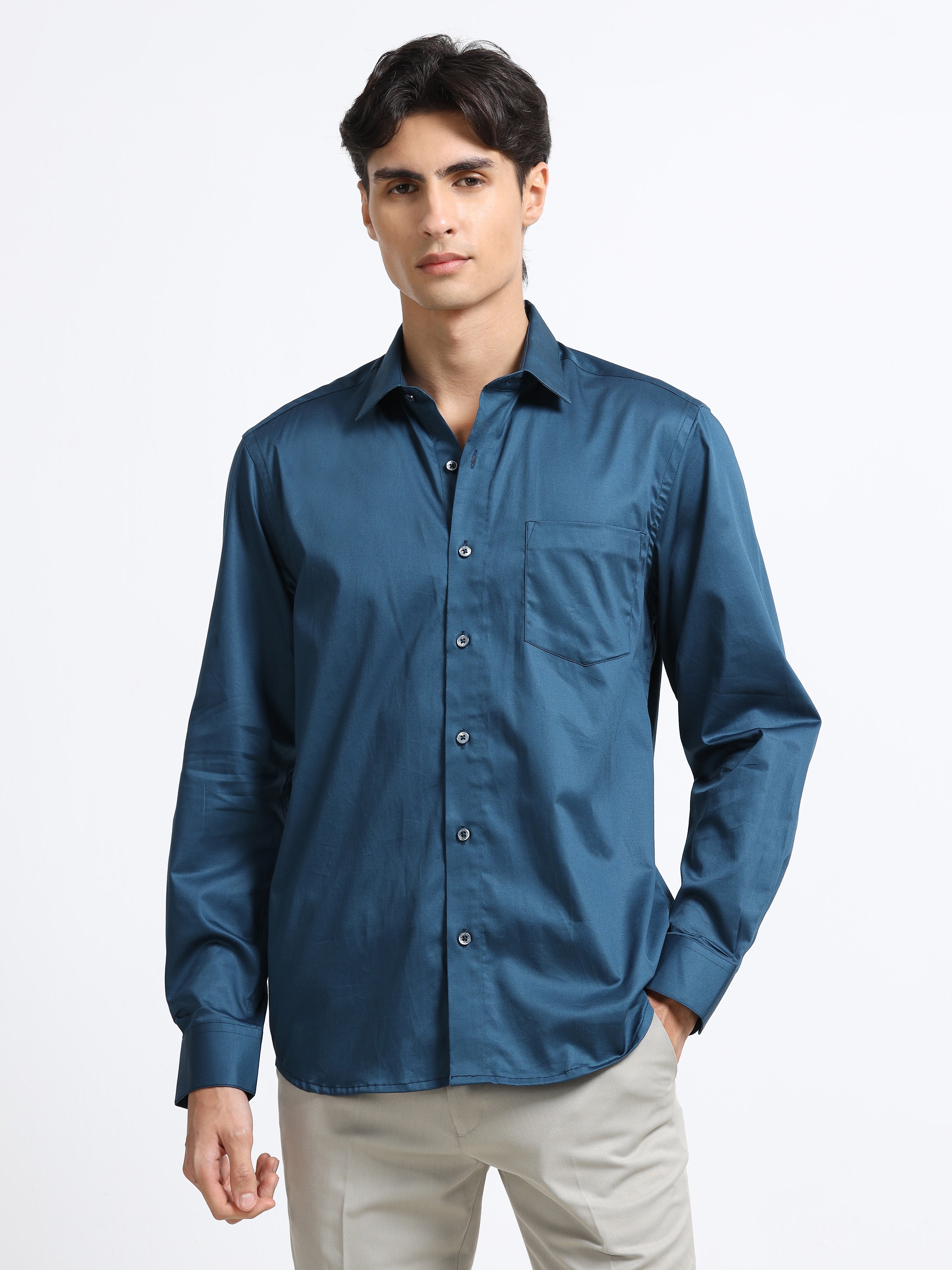 Men - Teal Blue - Slim Fit - Solid Formal Shirt