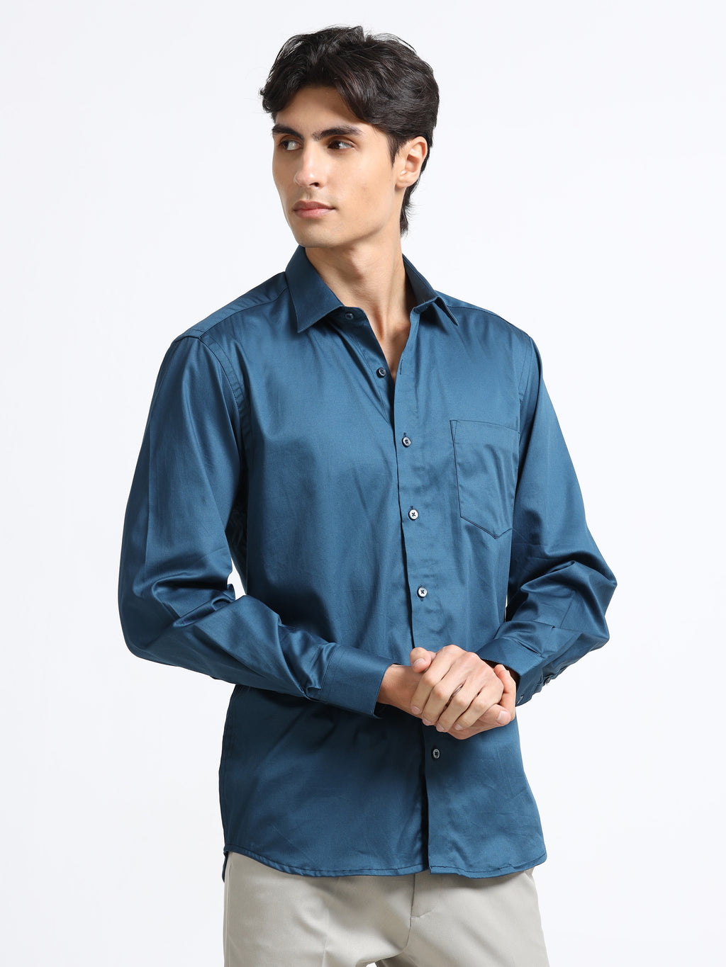 Men - Teal Blue - Slim Fit - Solid Formal Shirt