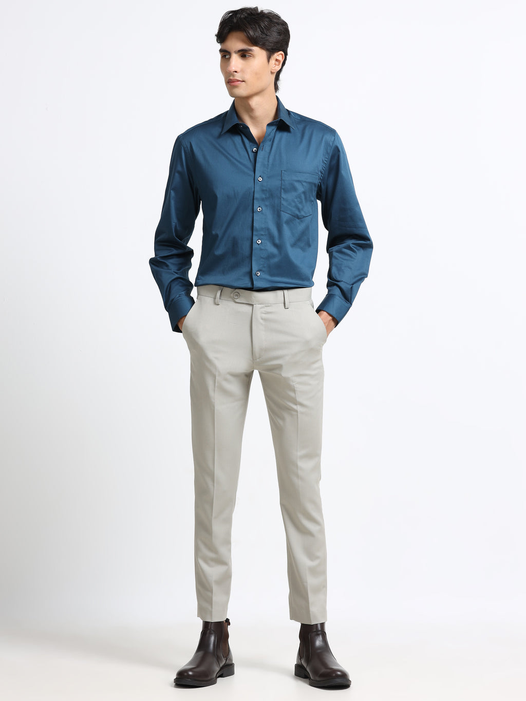 Men - Teal Blue - Slim Fit - Solid Formal Shirt