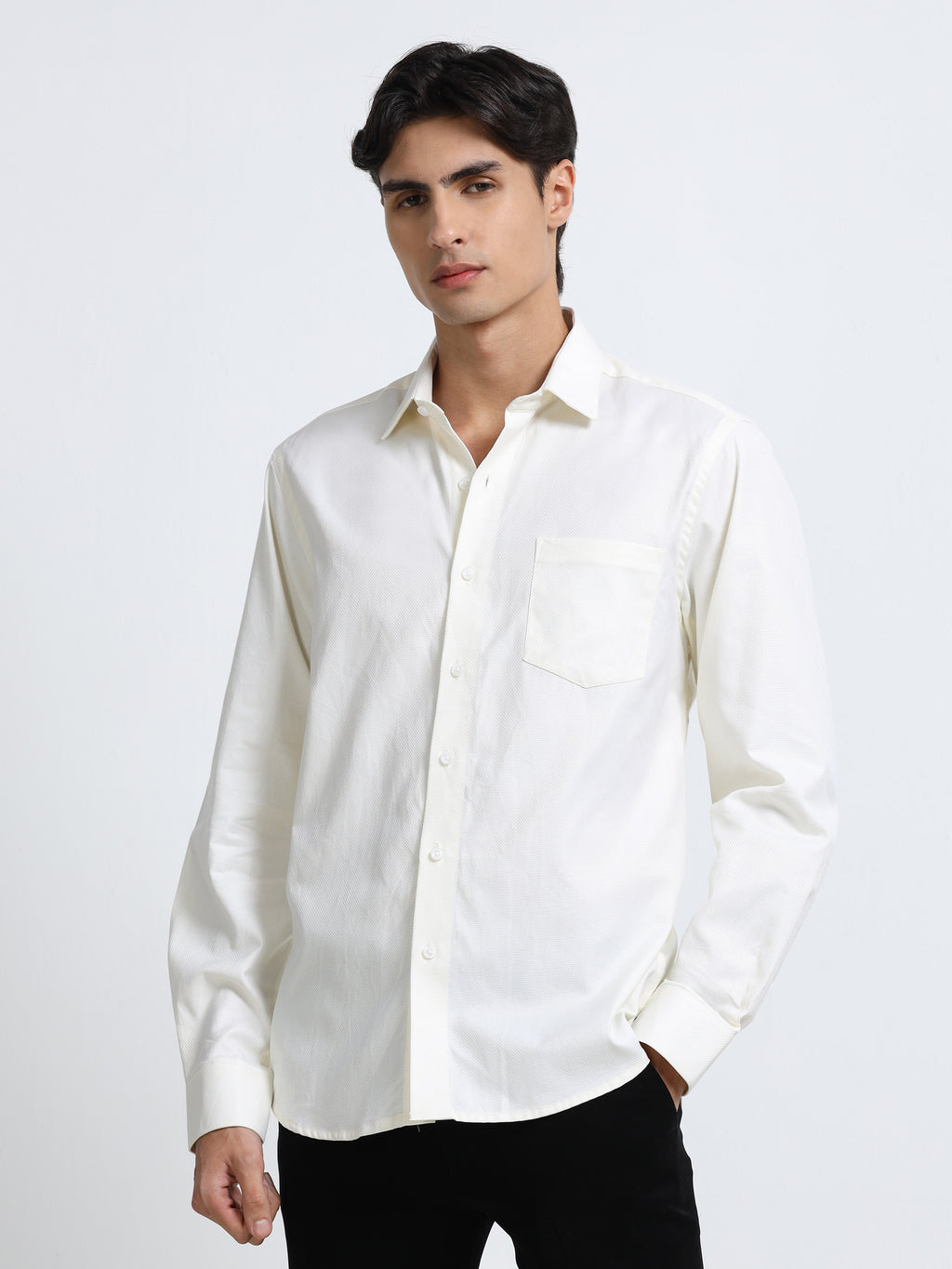 Men - Cream - Slim Fit - Textured Formal Shirt