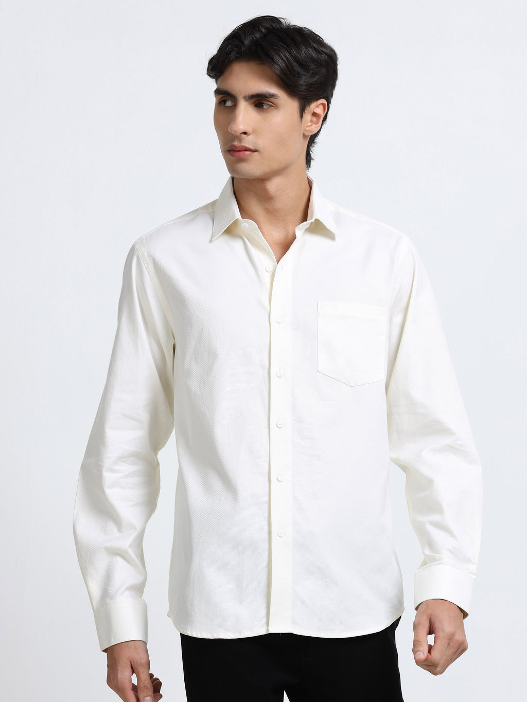 Men - Cream - Slim Fit - Textured Formal Shirt