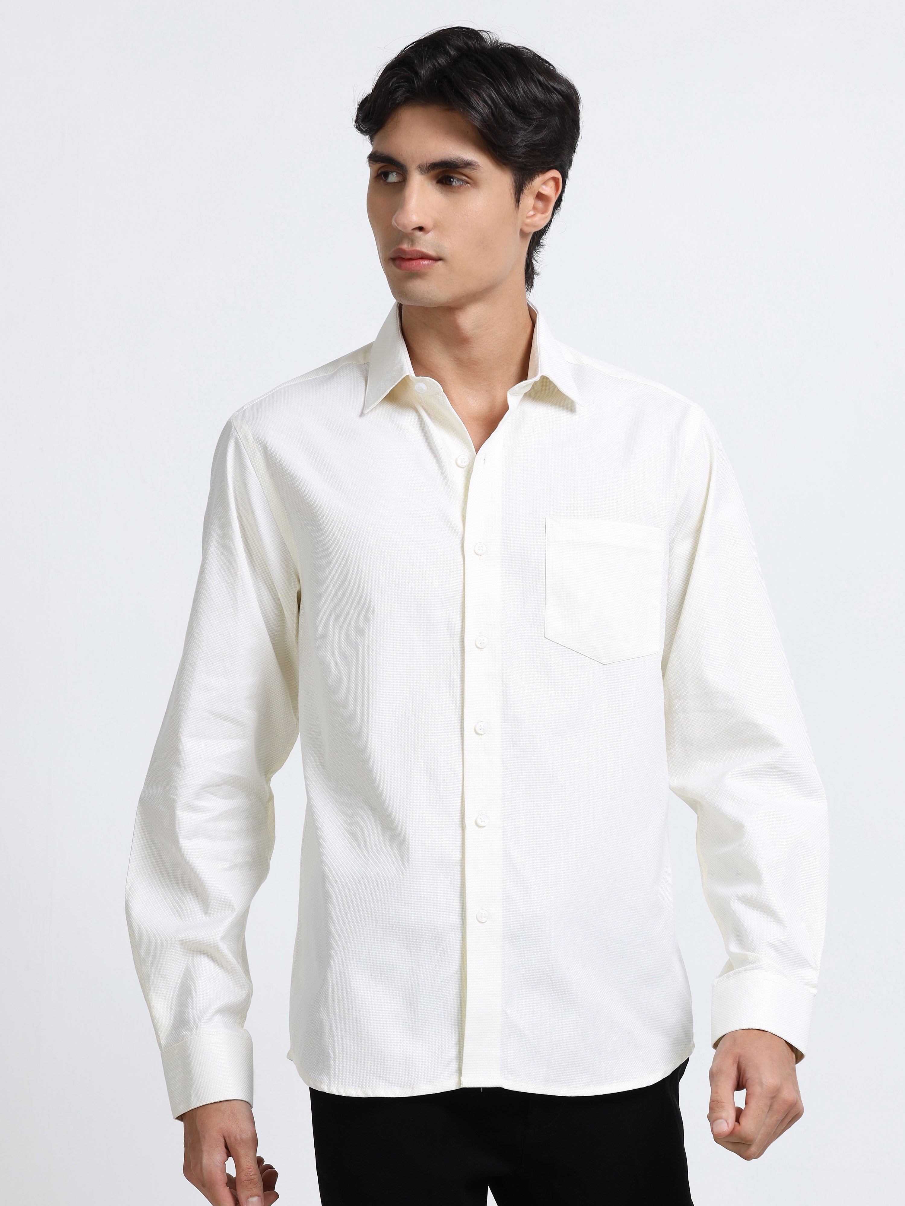 Men - Cream - Slim Fit - Textured Formal Shirt