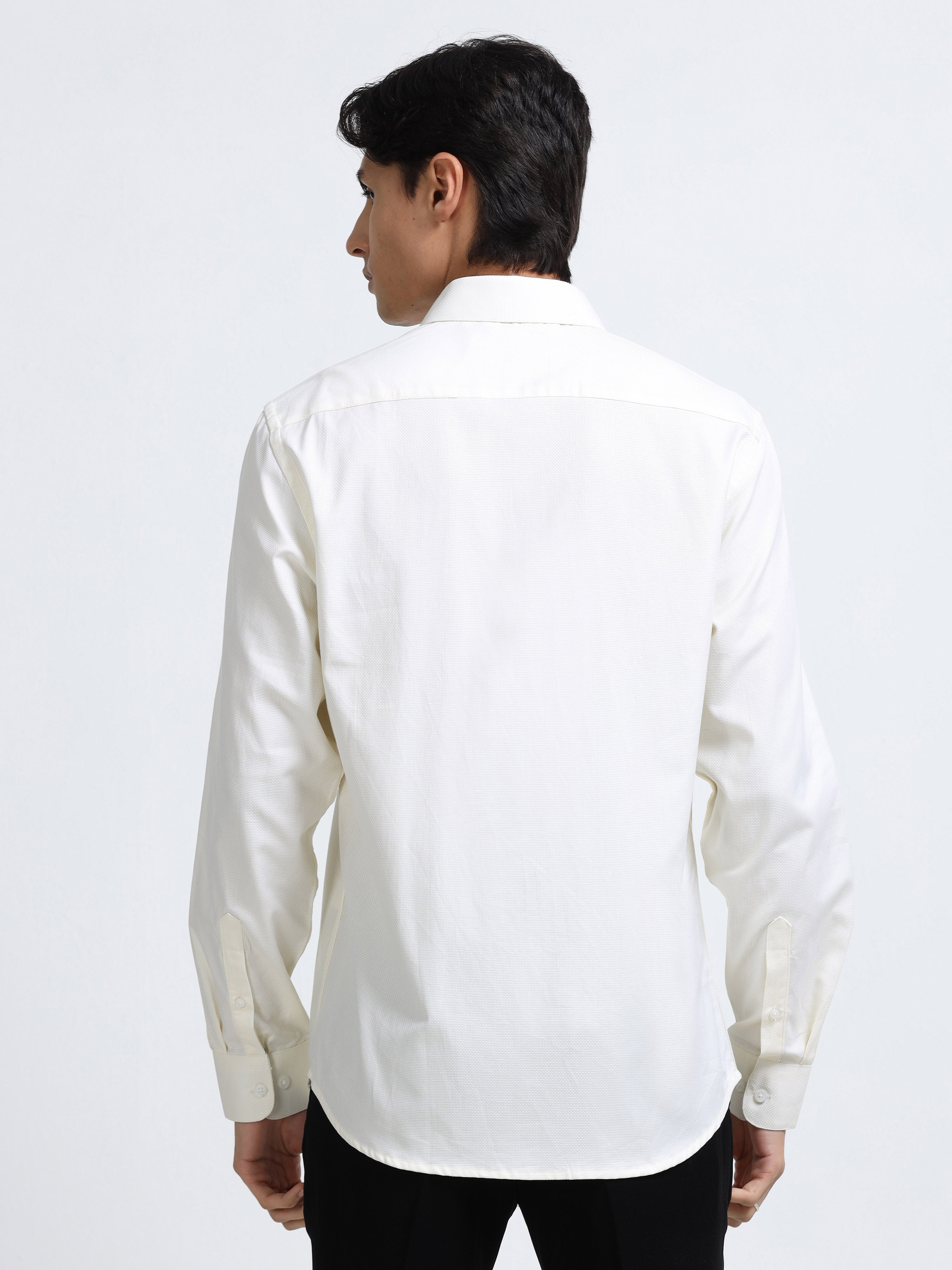 Men - Cream - Slim Fit - Textured Formal Shirt