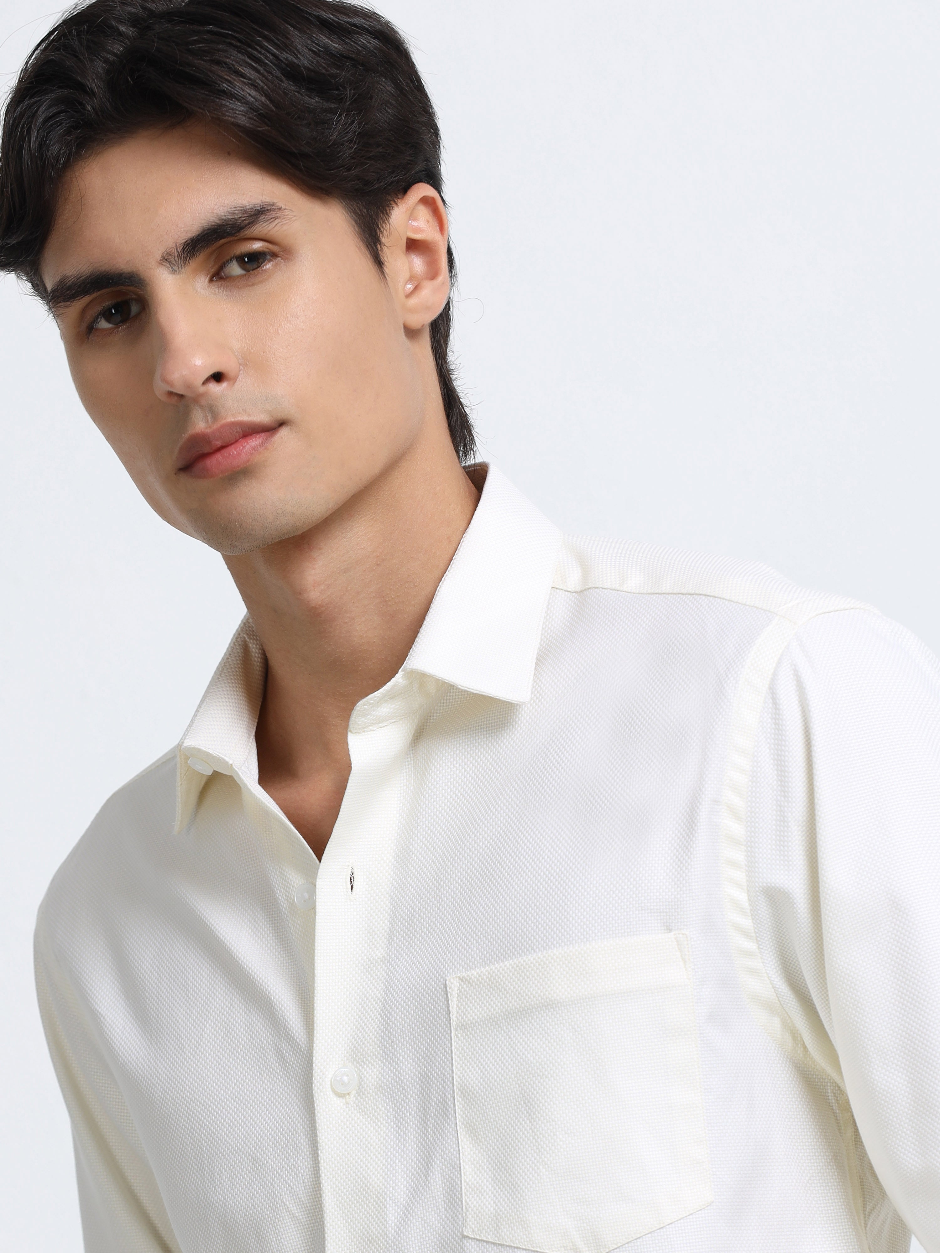 Men - Cream - Slim Fit - Textured Formal Shirt