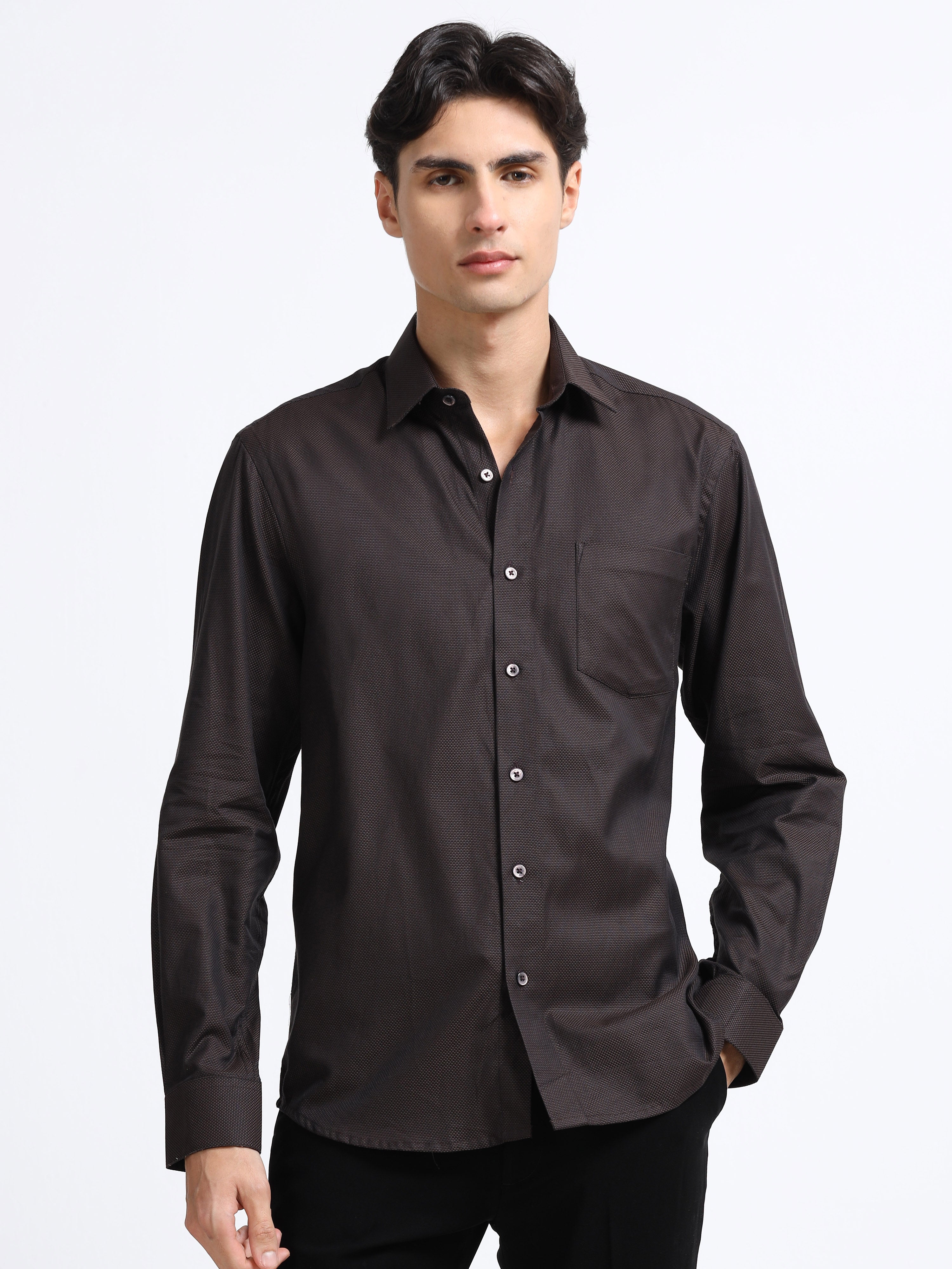 Men - Brown - Slim Fit - Textured Formal Shirt