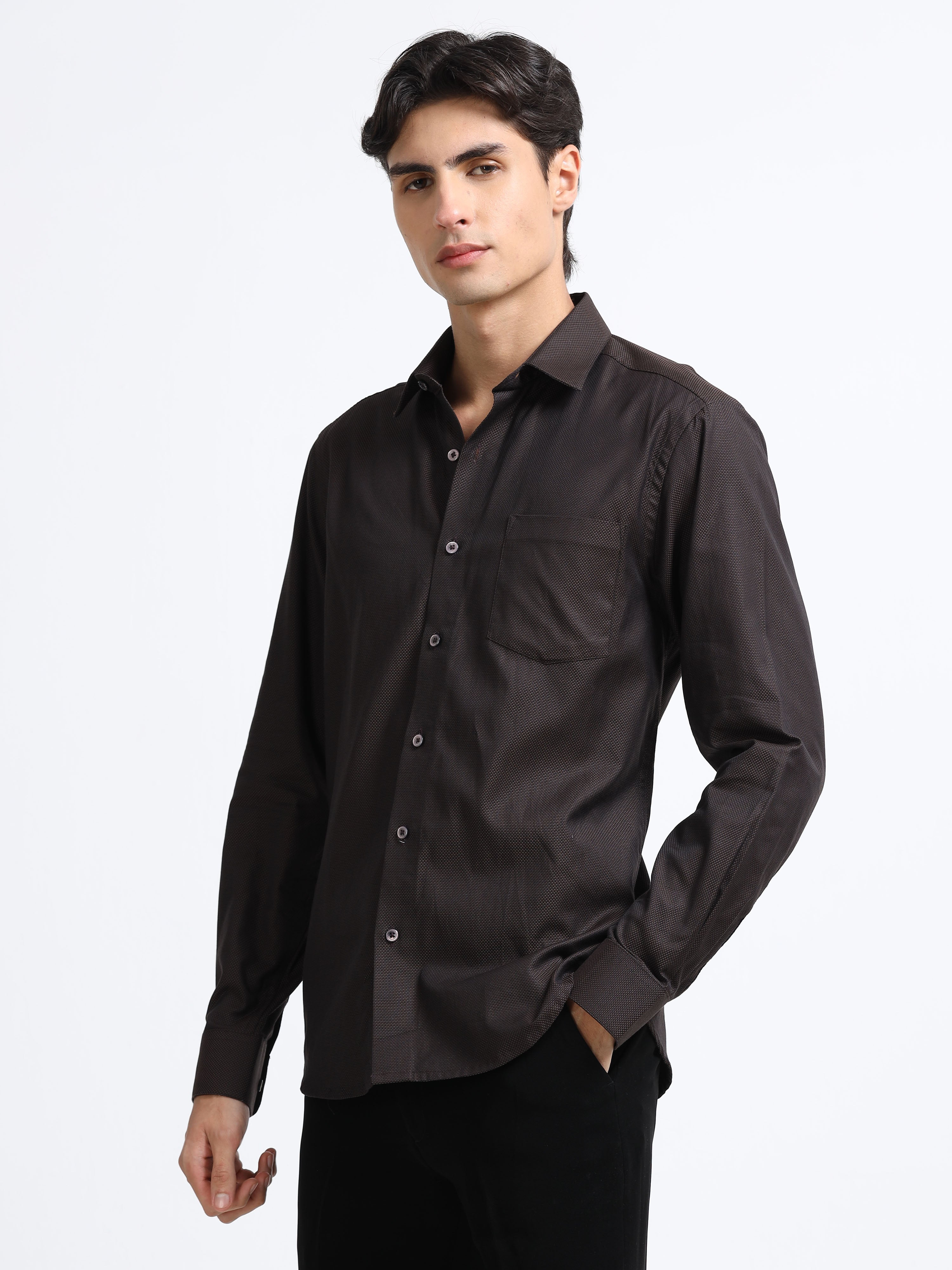 Men - Brown - Slim Fit - Textured Formal Shirt