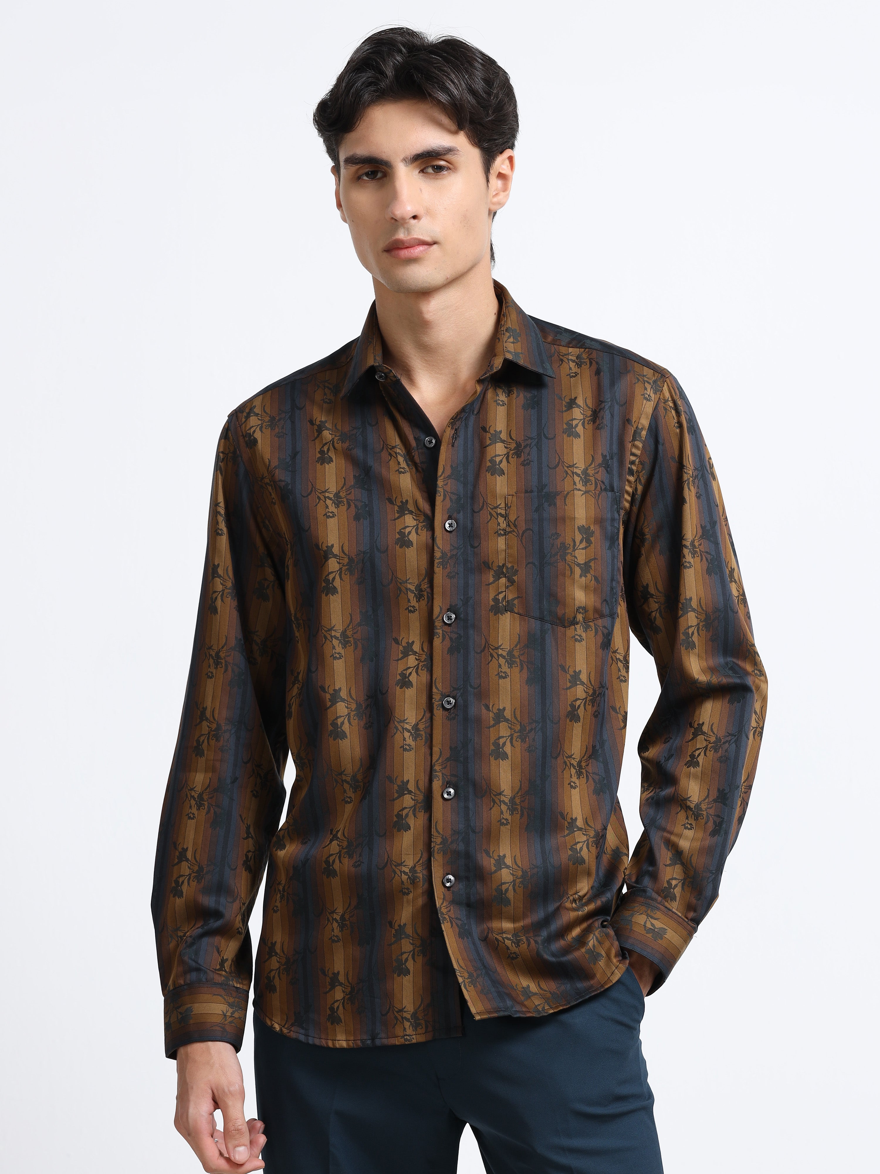 Men - Khakhi Brown - Slim Fit - Textured Formal Shirt