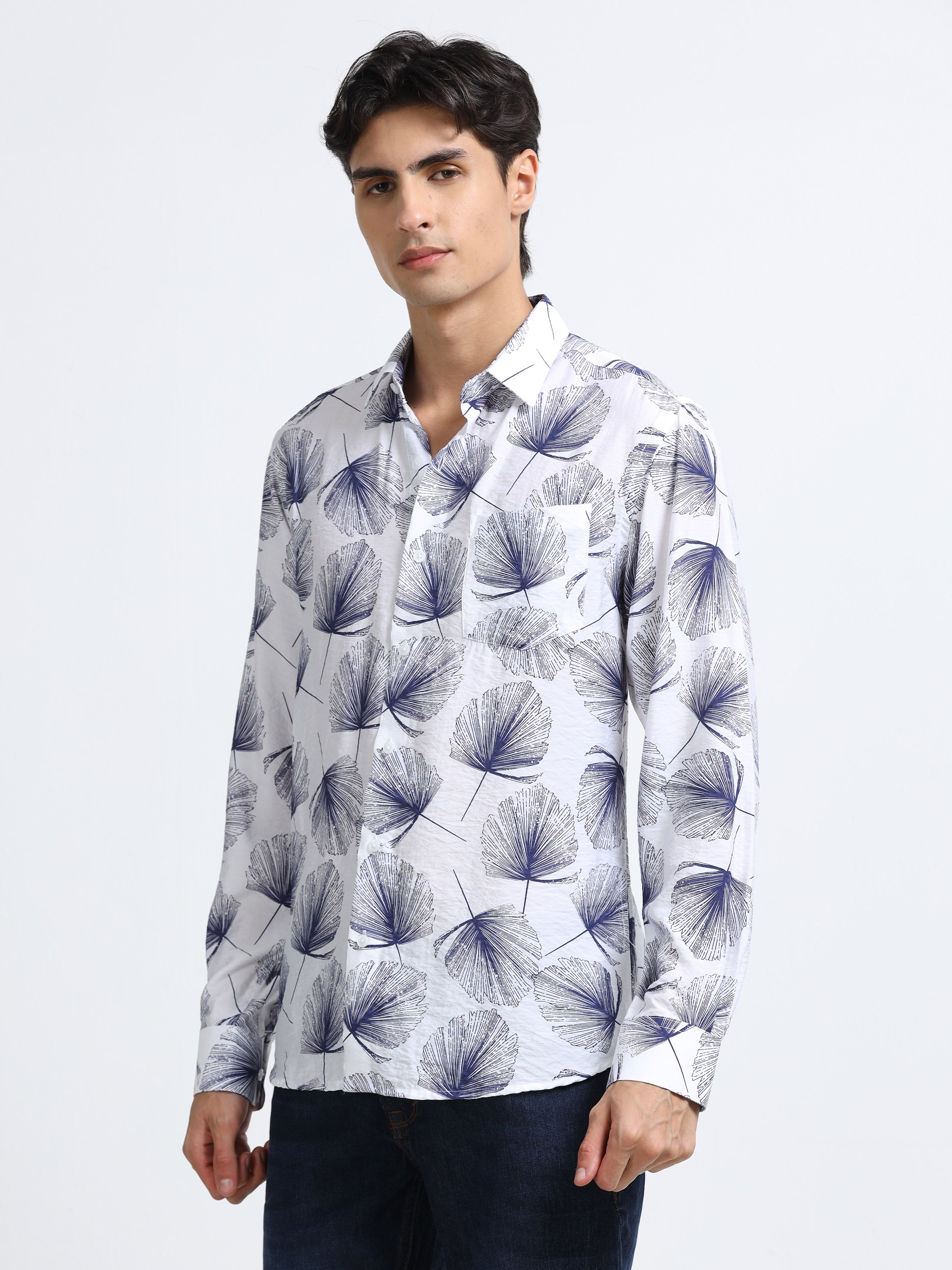 Men - Dark Blue Print - Slim Fit - Printed Shirt