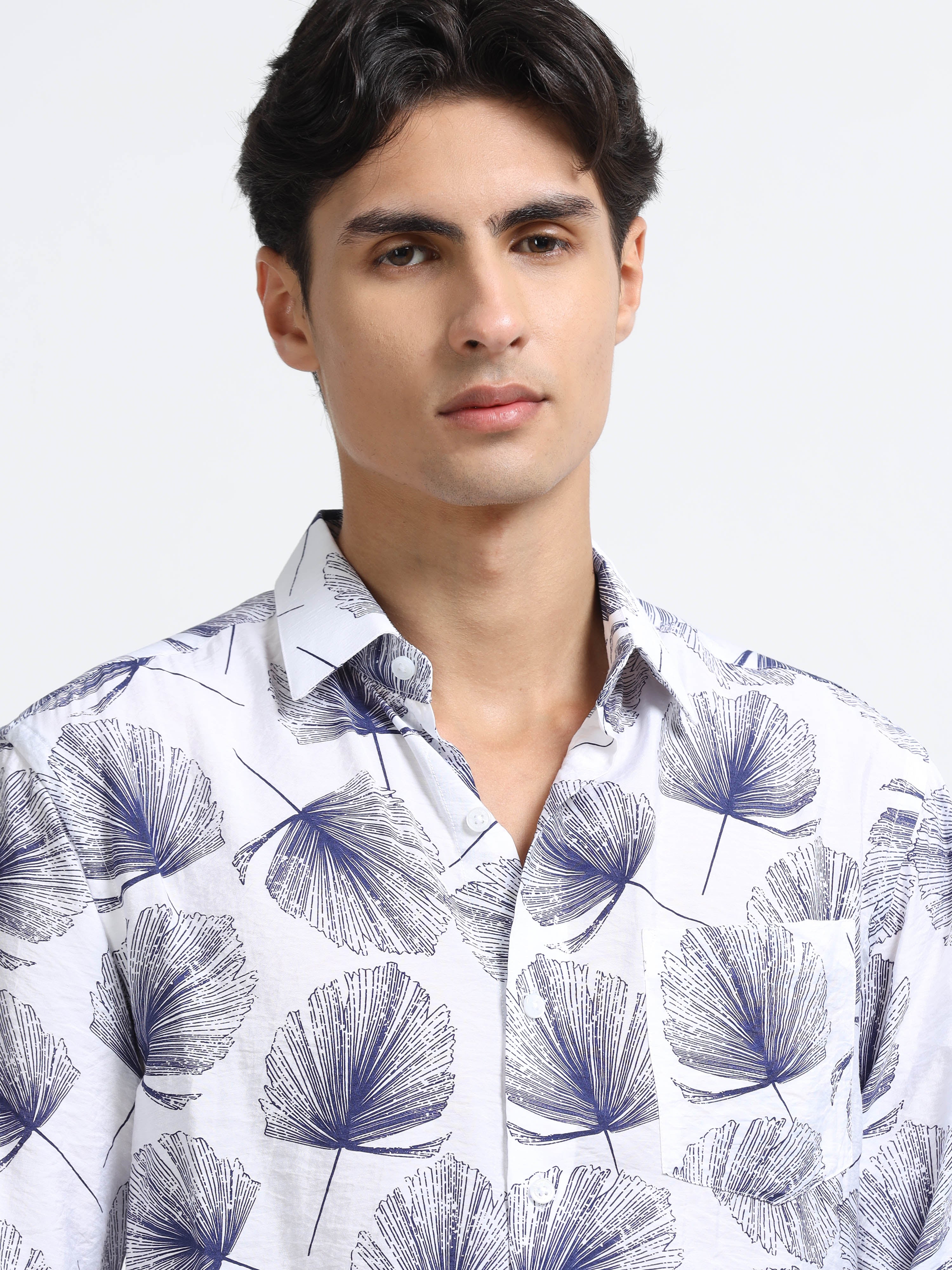 Men - Dark Blue Print - Slim Fit - Printed Shirt