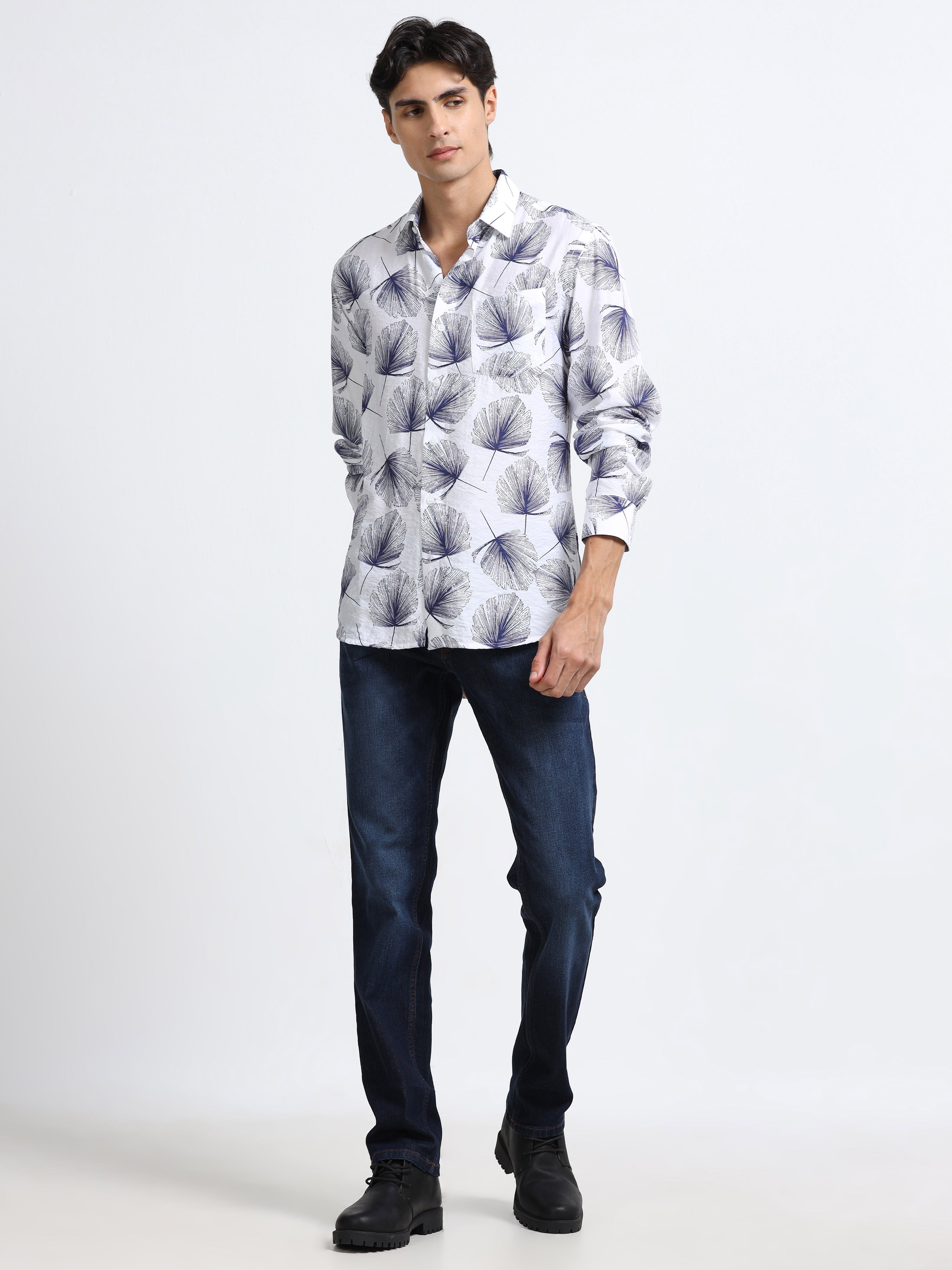Men - Dark Blue Print - Slim Fit - Printed Shirt