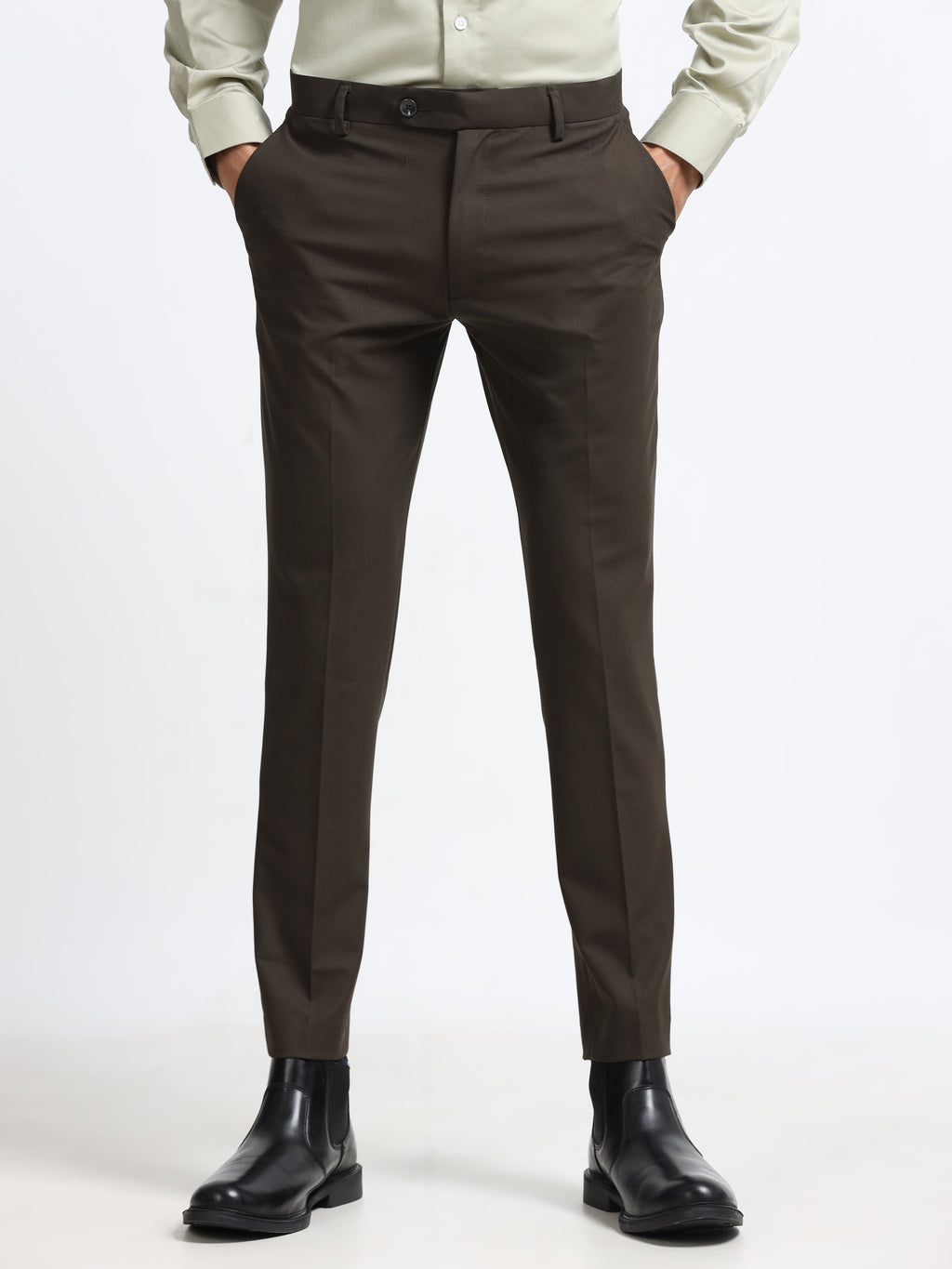 Men Grey Ankle Fit Formal Trouser - 4-Way Lycra