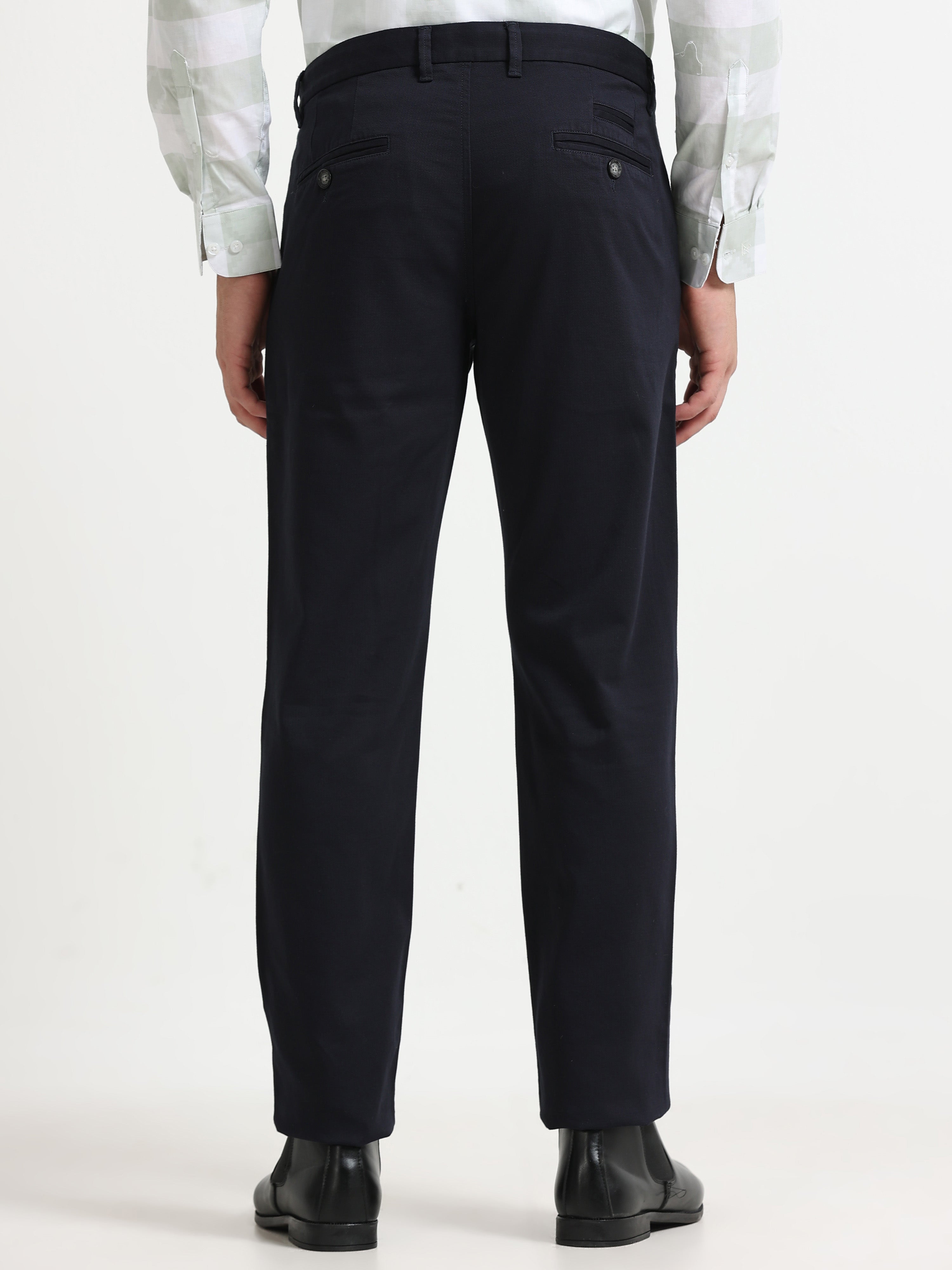 NAVY DOBBIES COTTON LYCRA BLEND TROUSER