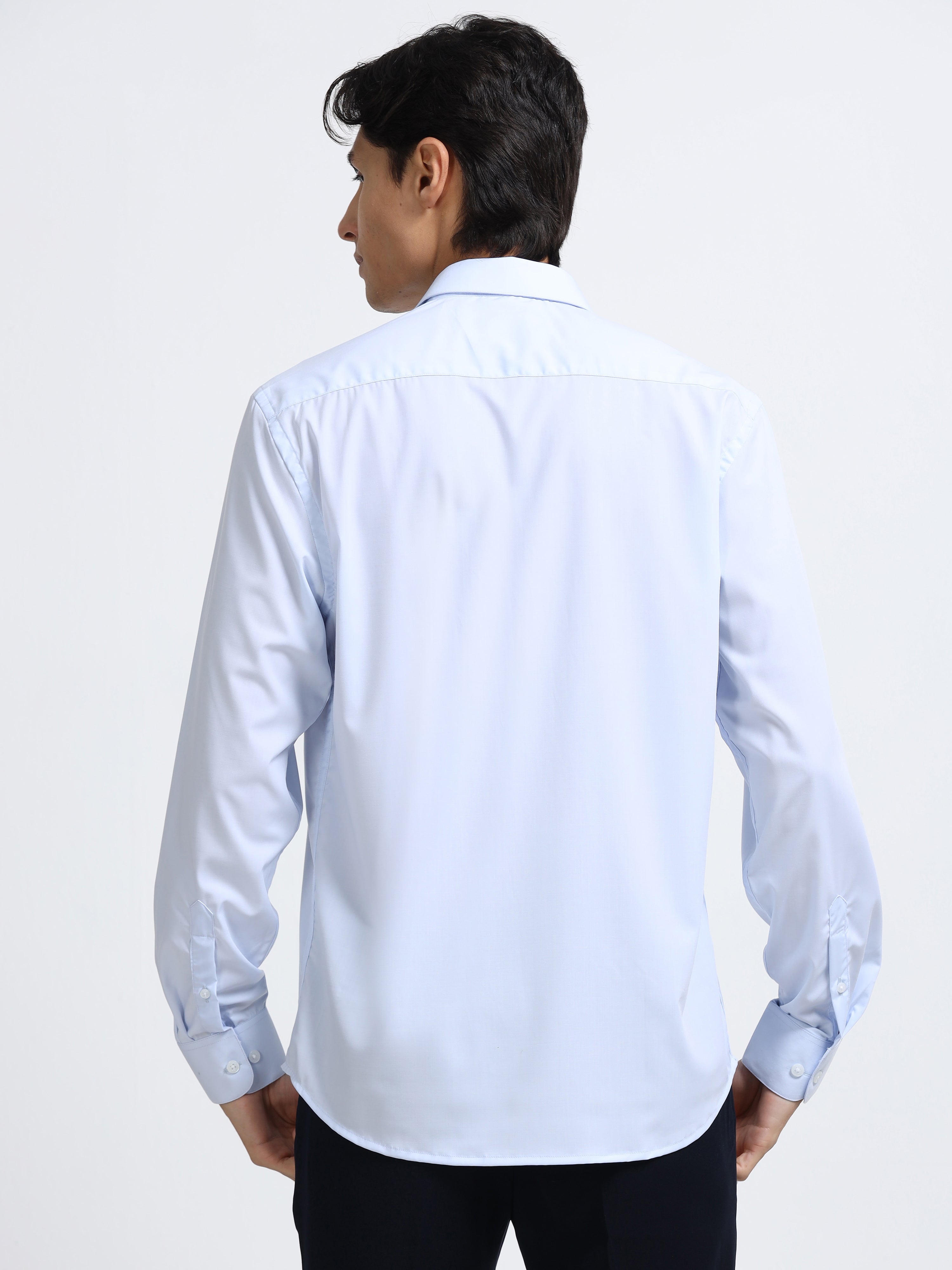 Celestial Blue Cotton Satin Stretch Solid Shirt