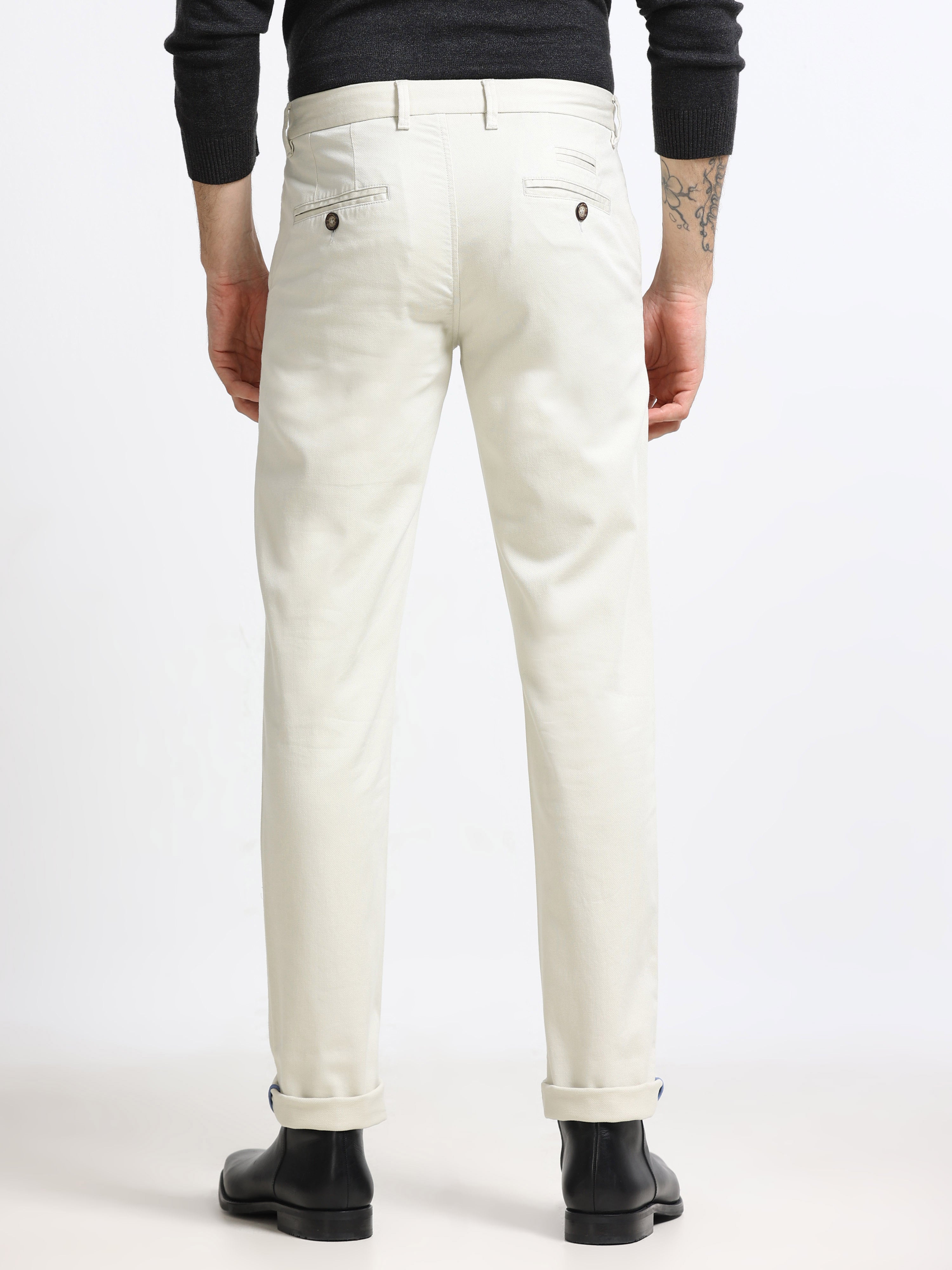 ECRU DOBBIES COTTON LYCRA BLEND TROUSER