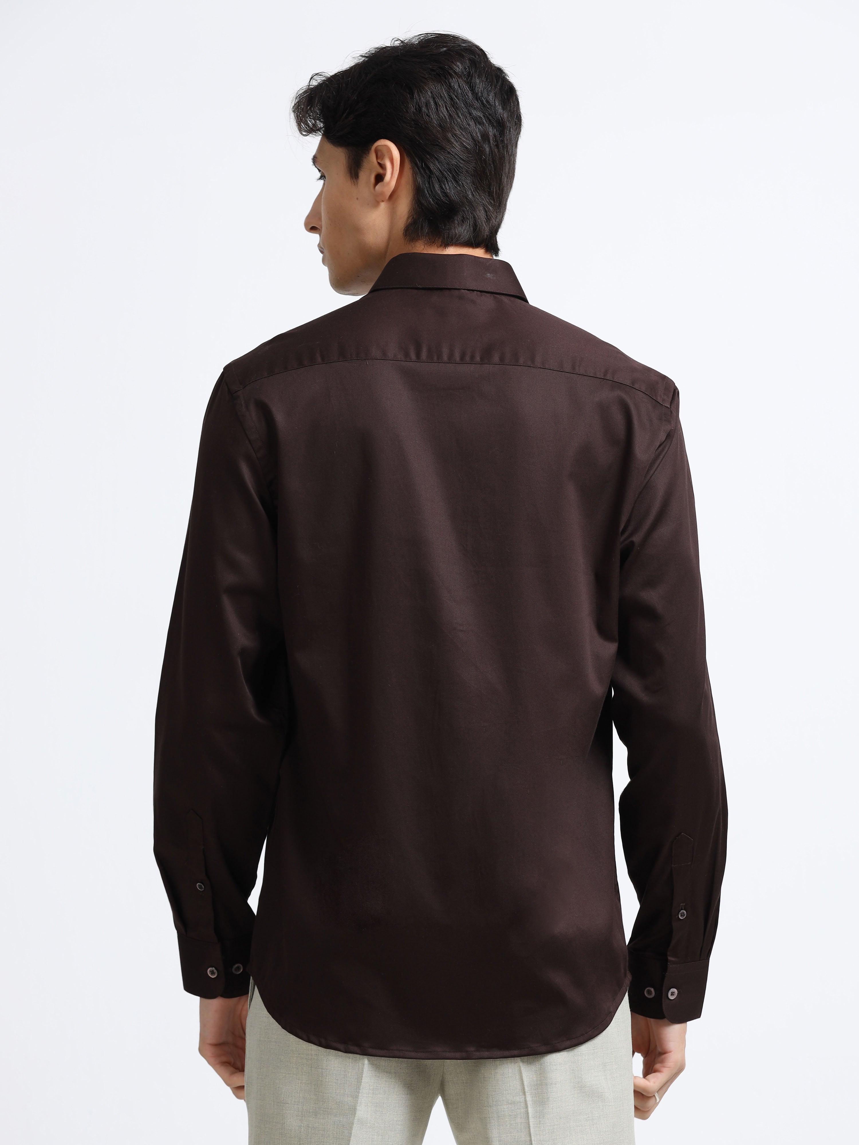 Roasted Bean Cotton Satin Stretch Solid Shirt