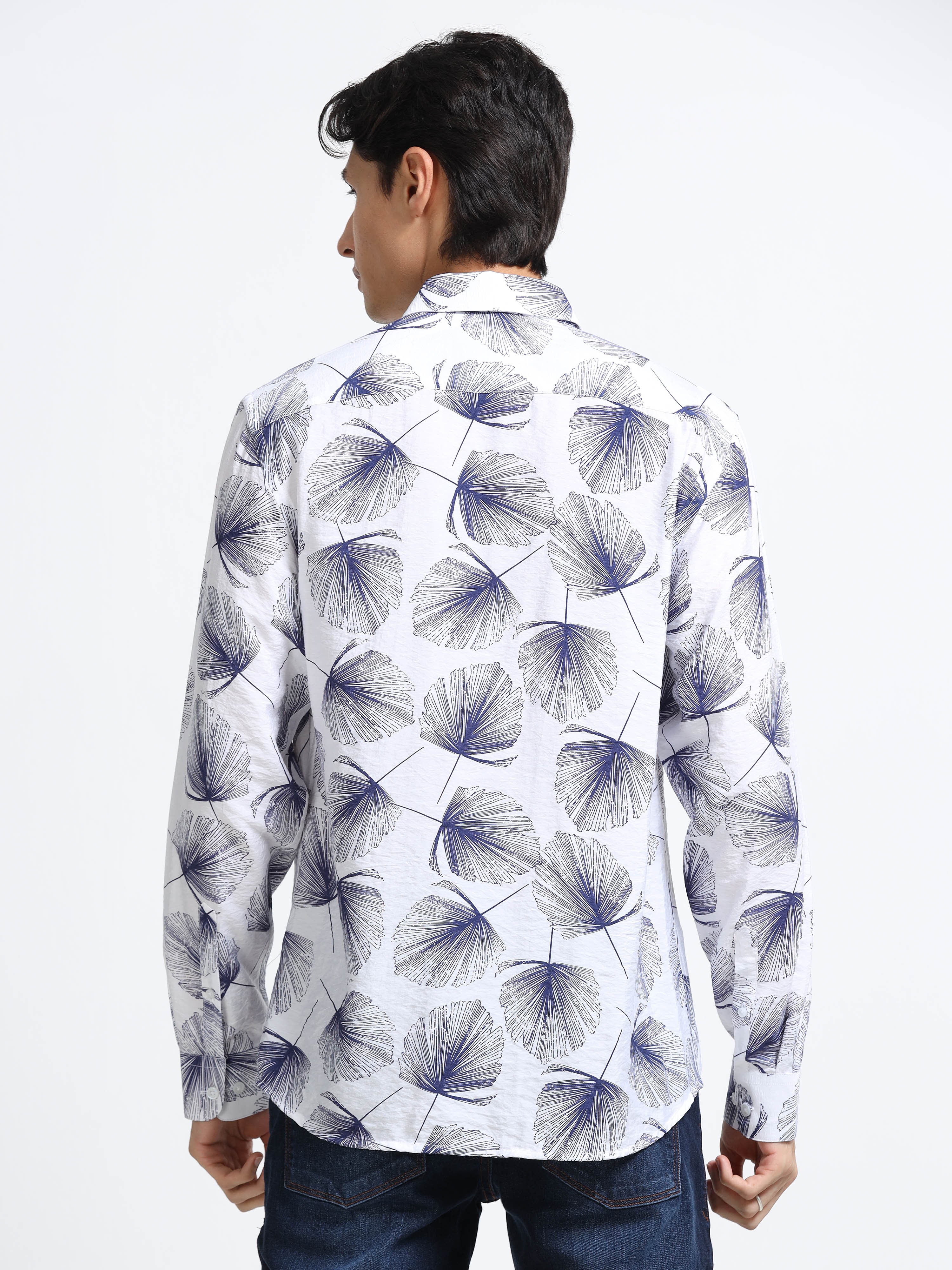 Coastal Ginkgo Indigo Cotton Textured Printed Shirt