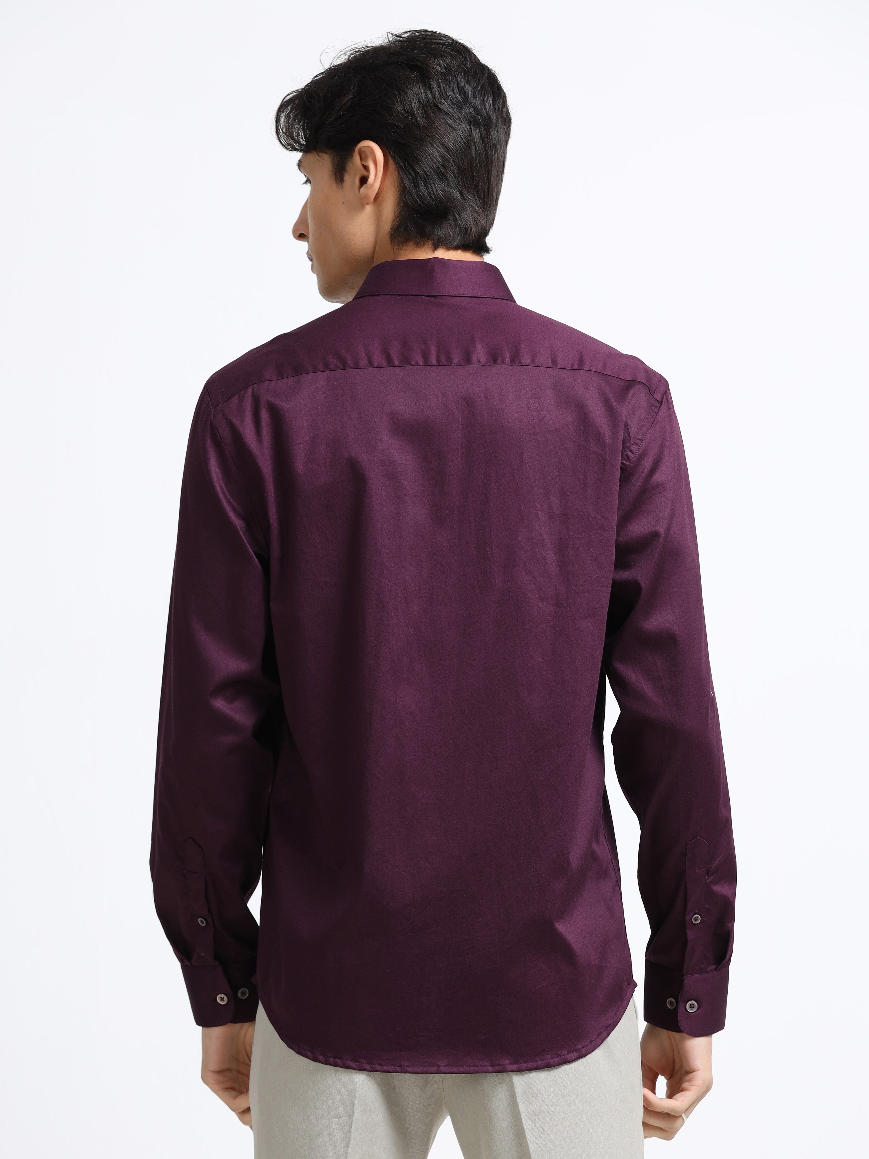 Mignight Wine Cotton Satin Stretch Solid Shirt