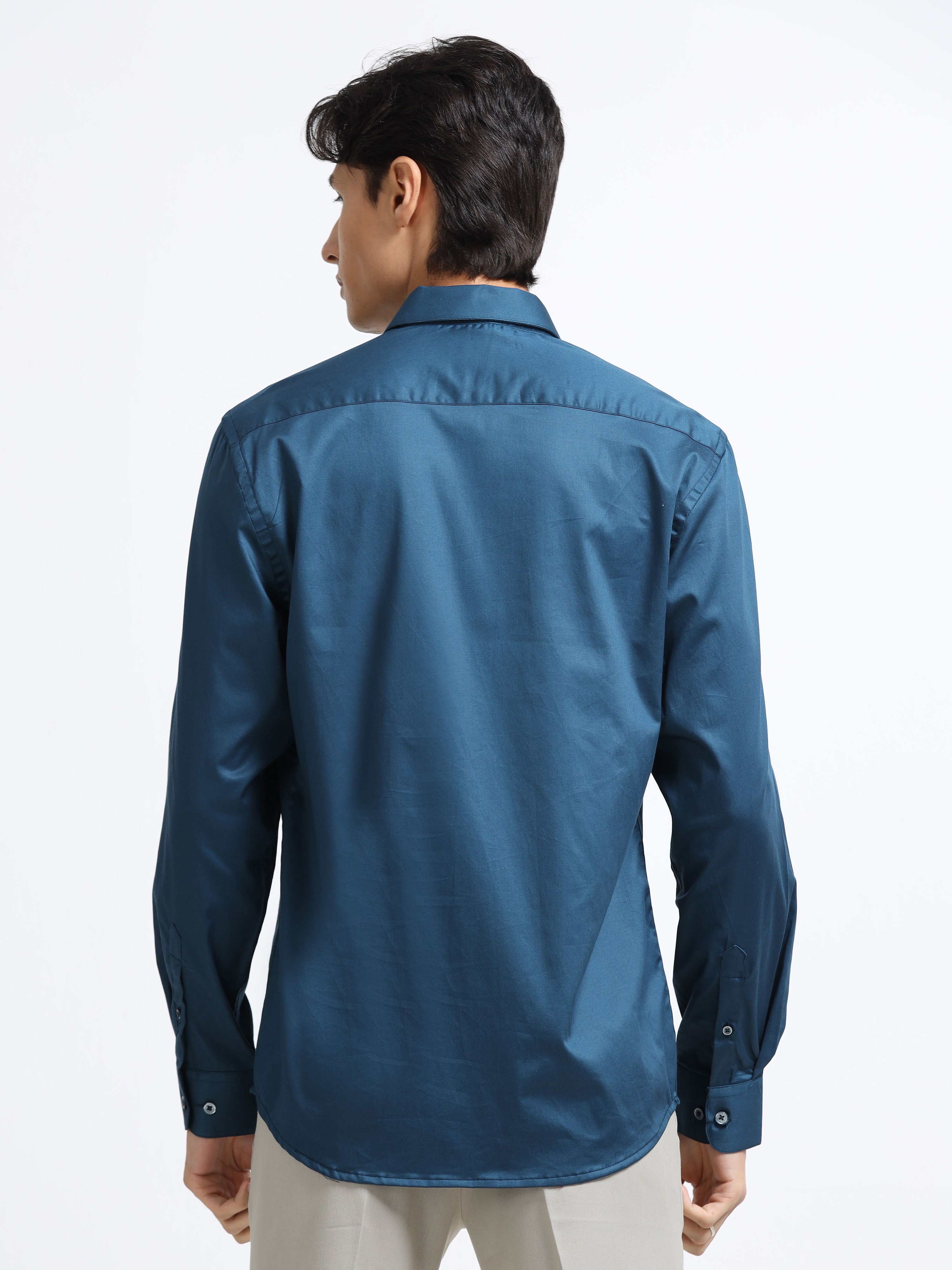 Midnight Teal Cotton Satin Stretch Solid Shirt