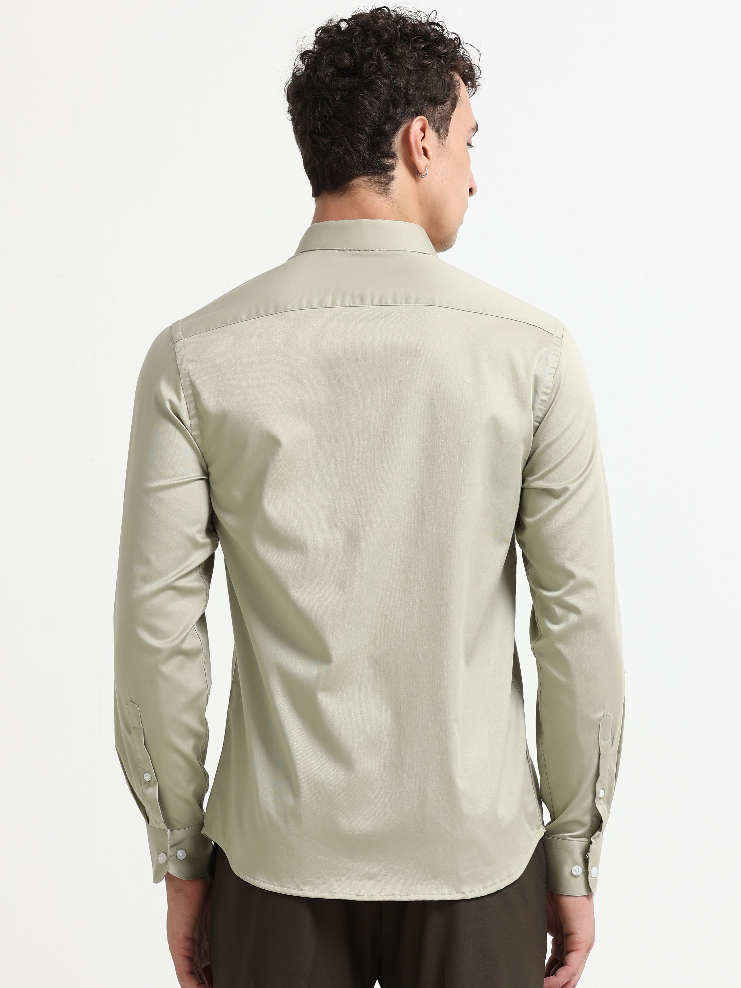 Muted Olive Cotton Satin Stretch Solid Shirt