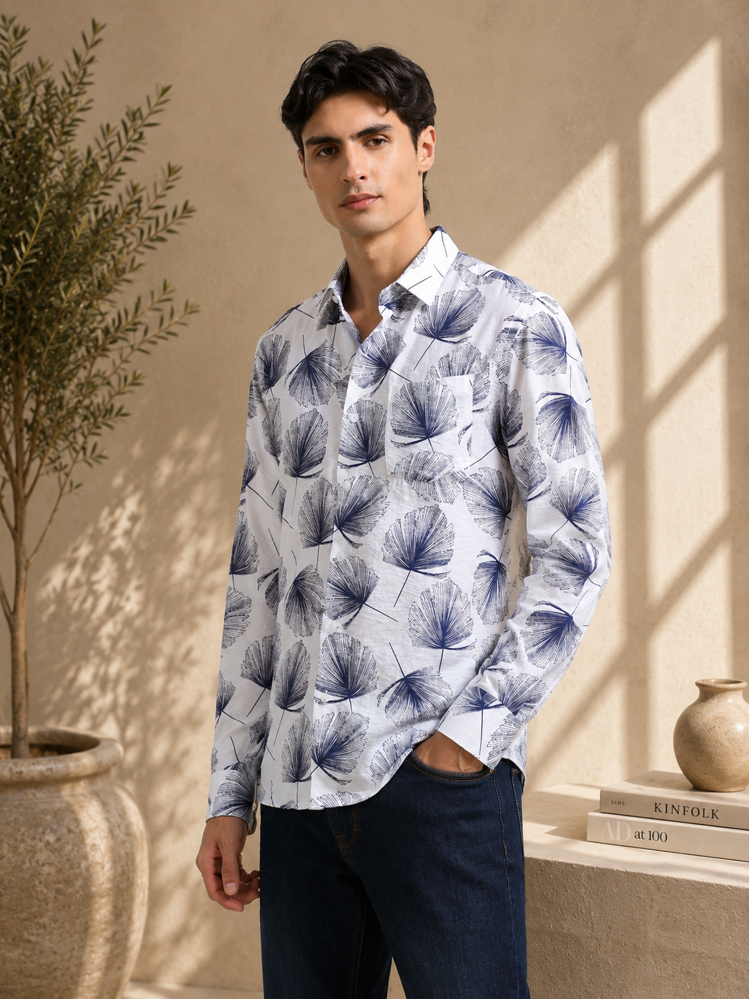 Coastal Ginkgo Indigo Cotton Textured Printed Shirt
