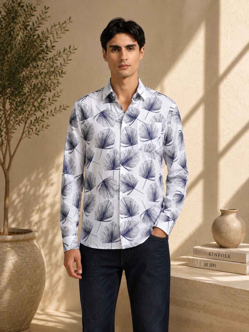 Coastal Ginkgo Indigo Cotton Textured Printed Shirt