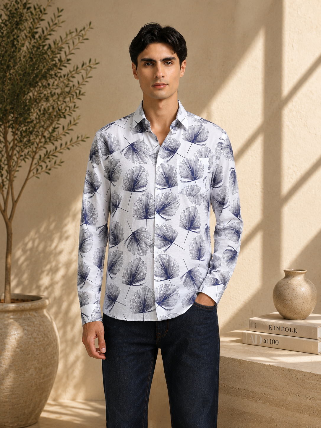 Coastal Ginkgo Indigo Cotton Textured Printed Shirt