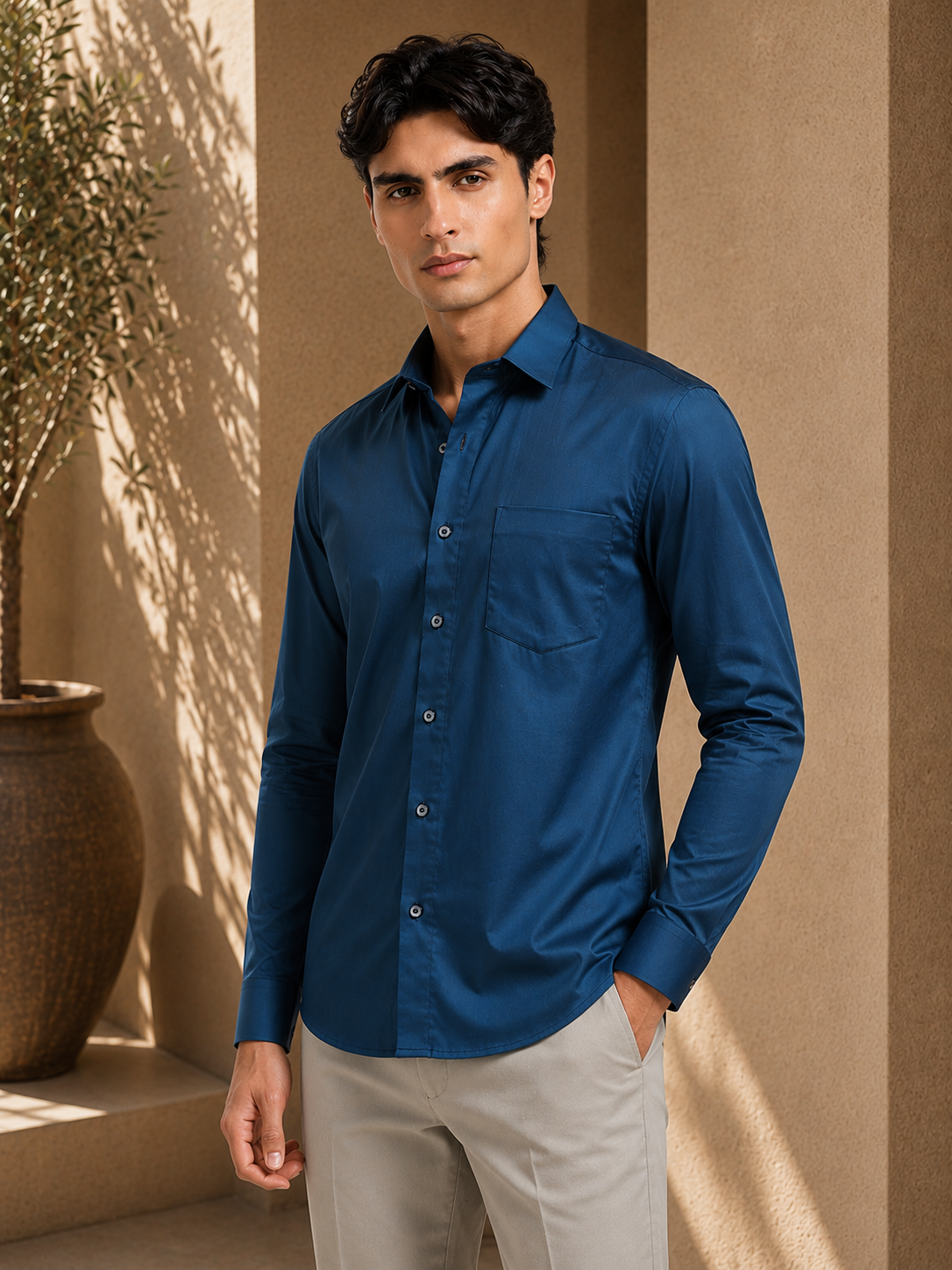 Midnight Teal Cotton Satin Stretch Solid Shirt