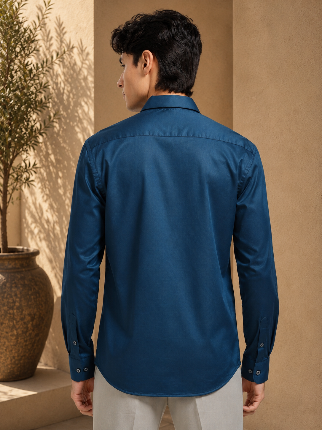 Midnight Teal Cotton Satin Stretch Solid Shirt