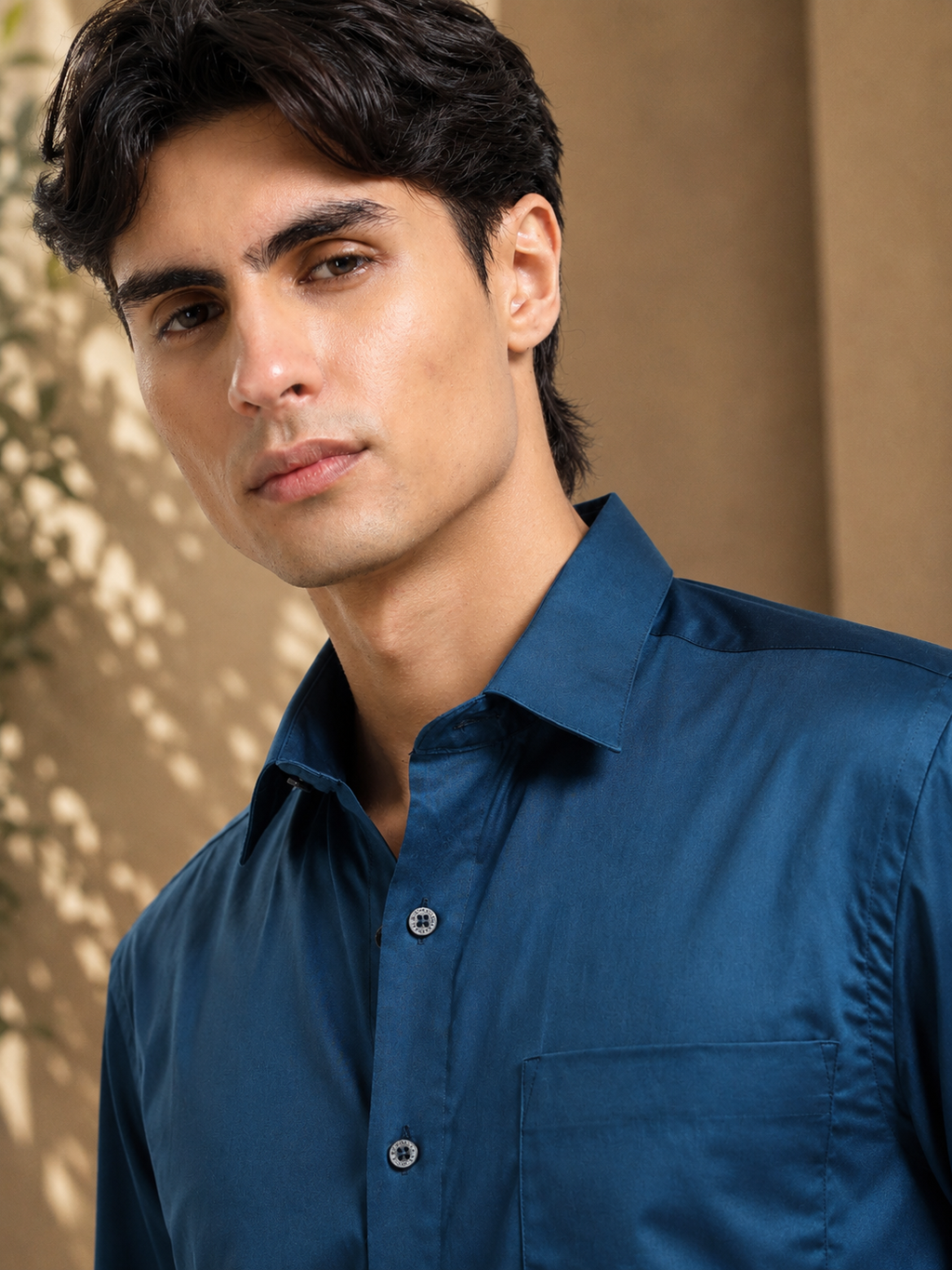 Midnight Teal Cotton Satin Stretch Solid Shirt