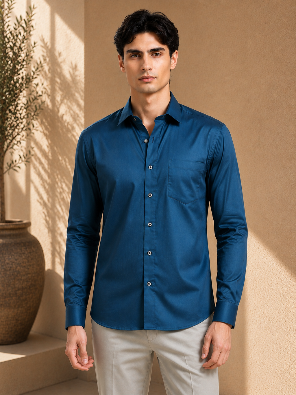 Midnight Teal Cotton Satin Stretch Solid Shirt