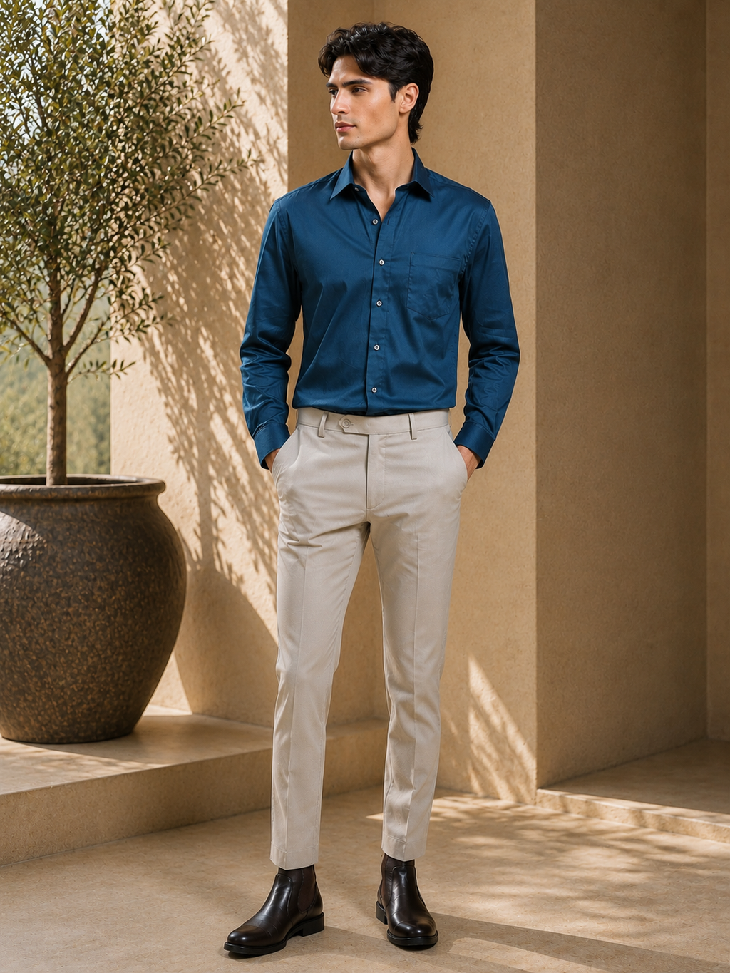 Midnight Teal Cotton Satin Stretch Solid Shirt