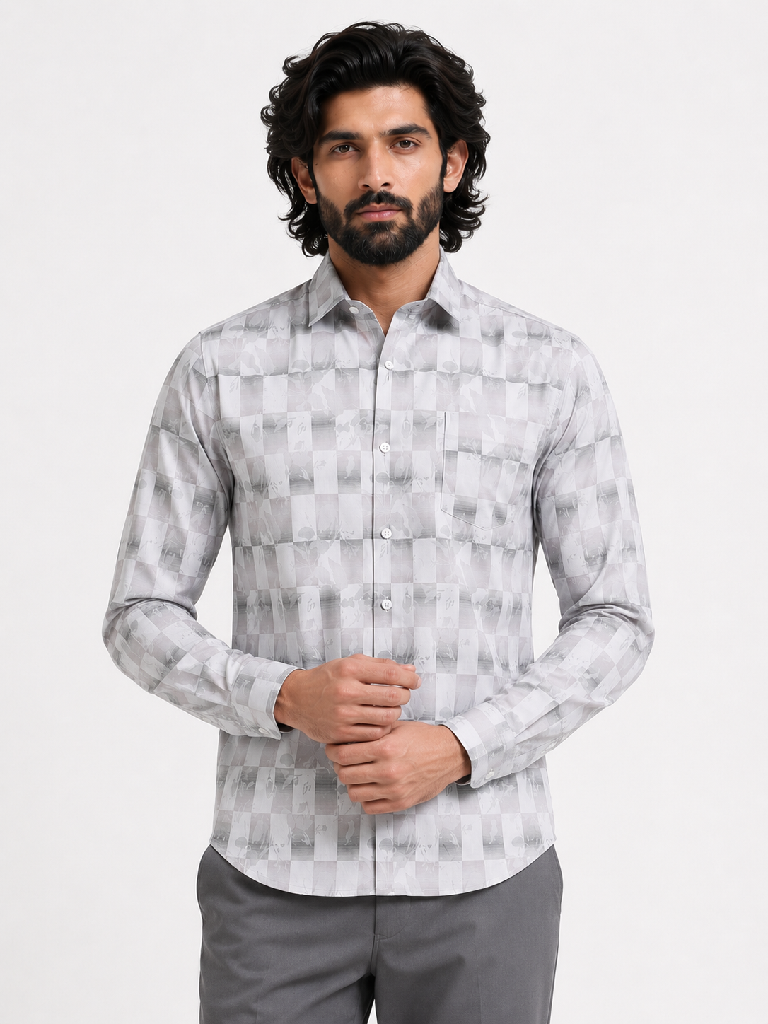 Silver Shadow Floral Checkerboard Jacquard Shirt