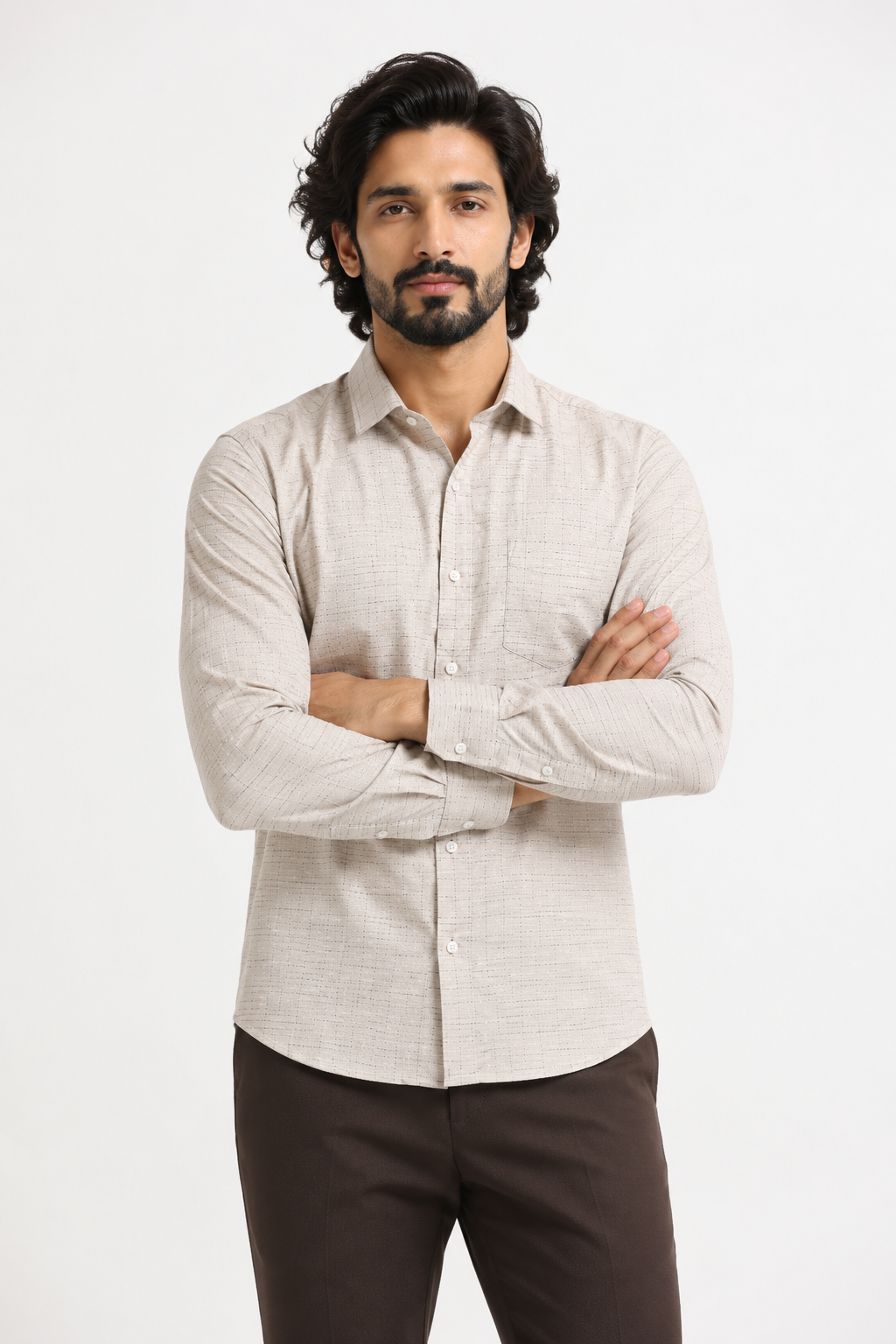 Sand Grid Windowpane Jacquard Shirt
