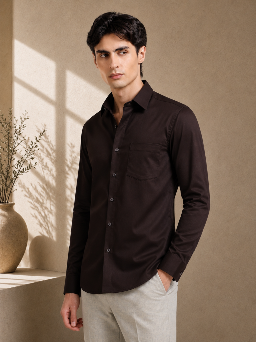 Roasted Bean Cotton Satin Stretch Solid Shirt