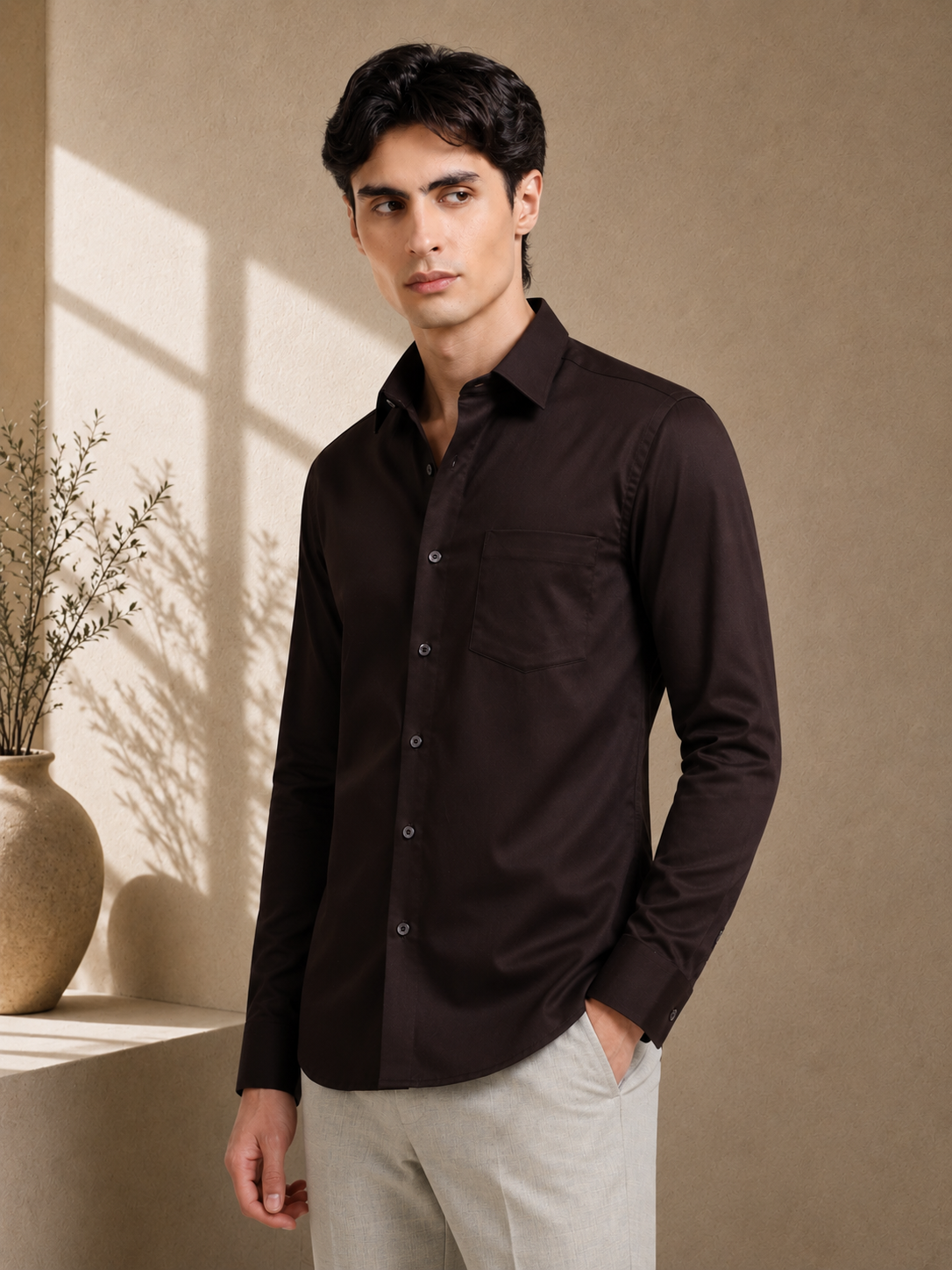 Roasted Bean Cotton Satin Stretch Solid Shirt