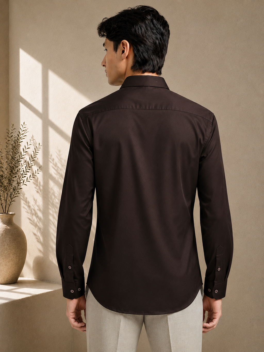 Roasted Bean Cotton Satin Stretch Solid Shirt
