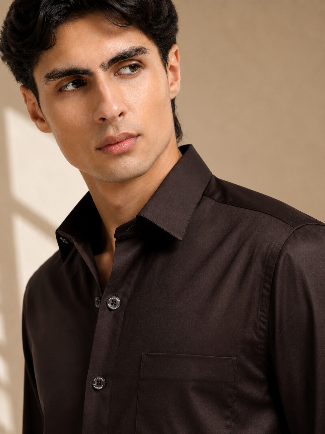 Roasted Bean Cotton Satin Stretch Solid Shirt